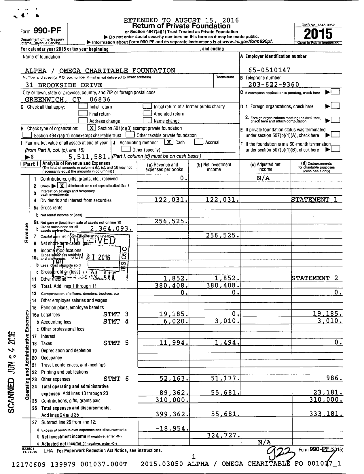 Image of first page of 2015 Form 990PF for Alpha Omega Charitable Foundation