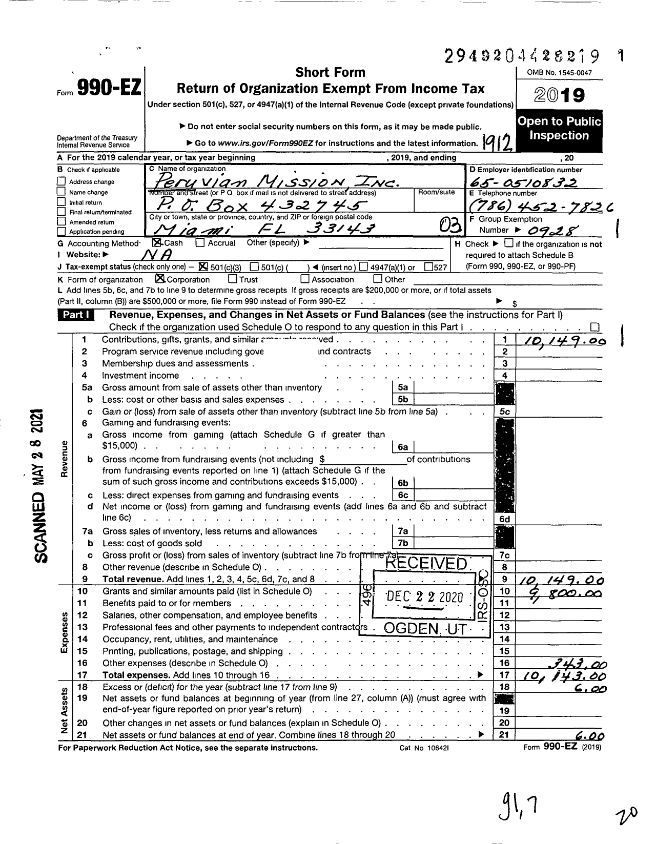 Image of first page of 2019 Form 990EZ for Peruvian Mission