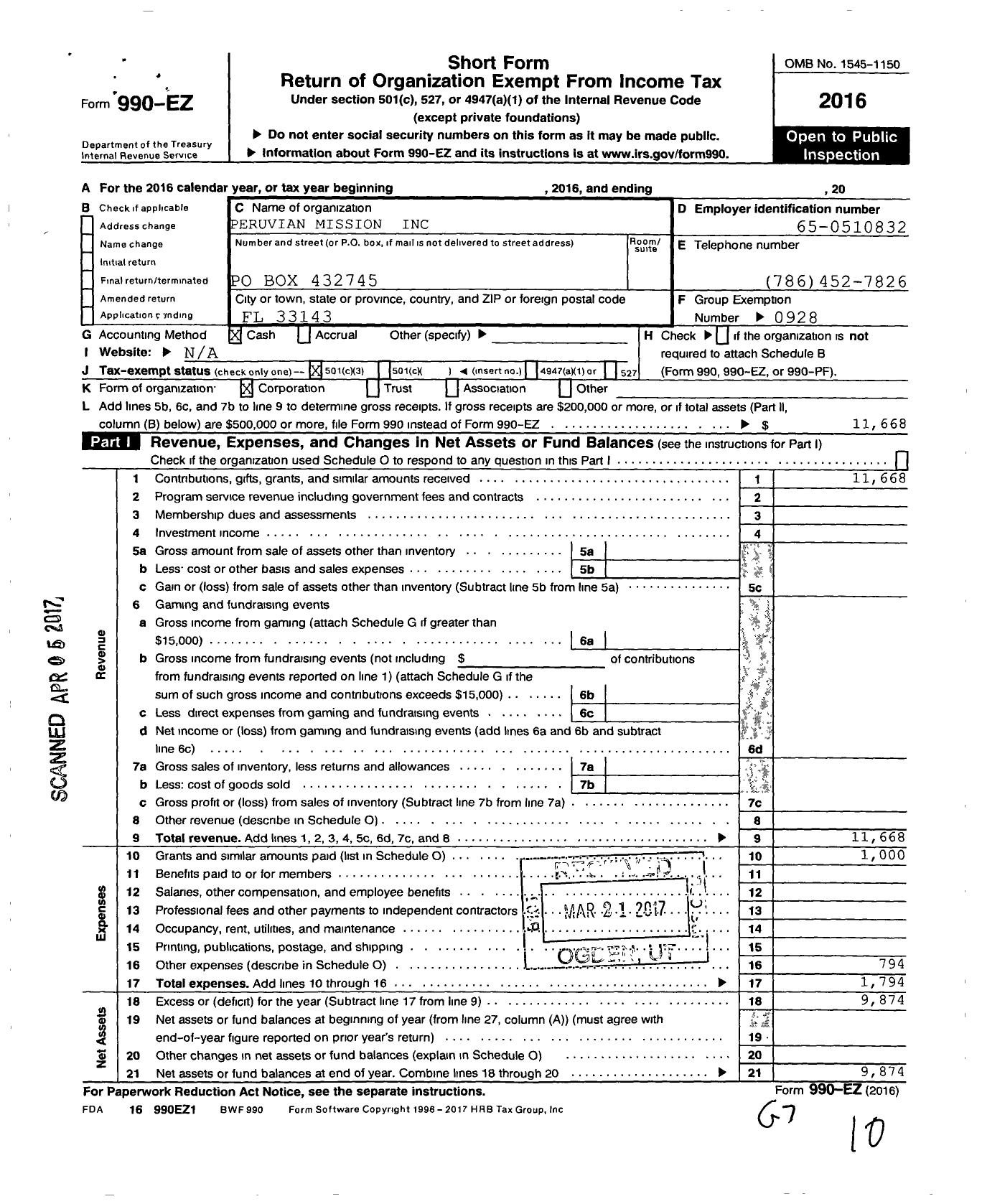 Image of first page of 2016 Form 990EZ for Peruvian Mission