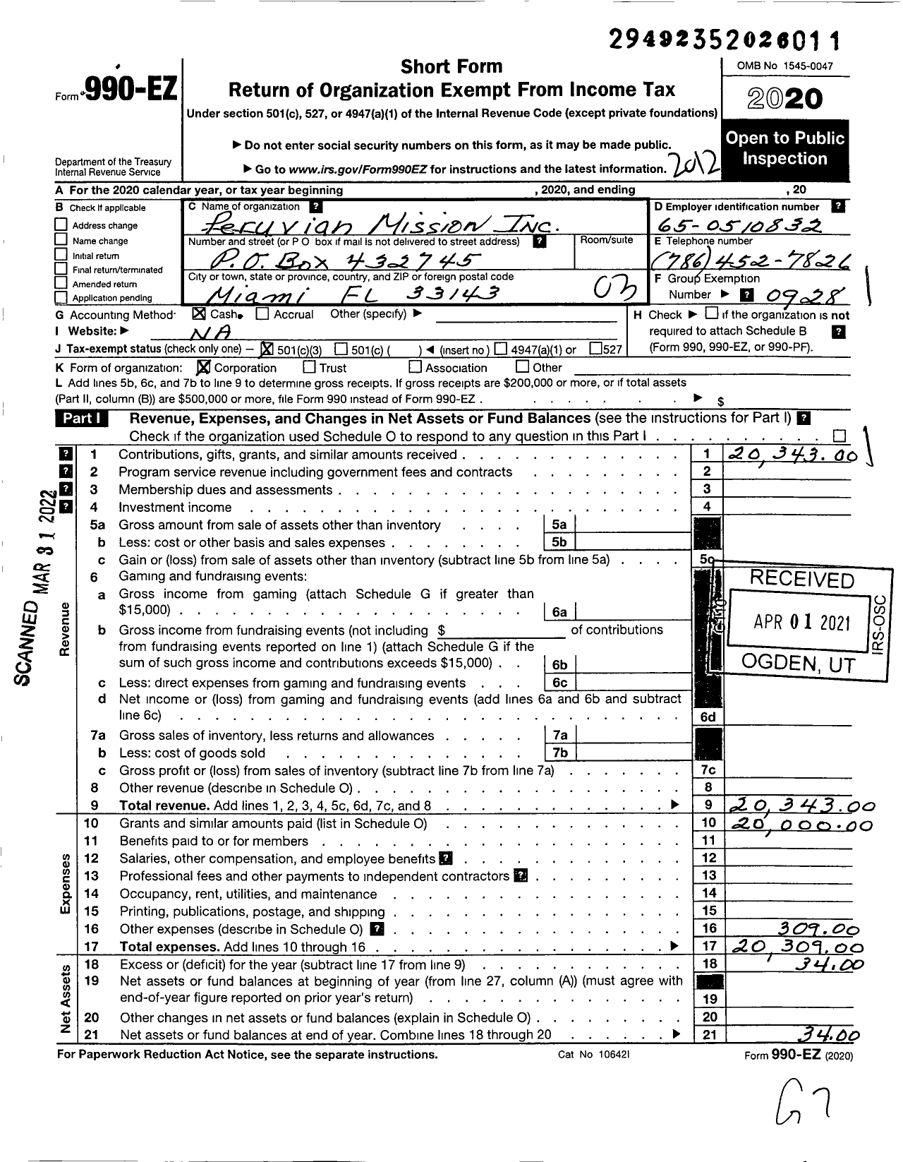 Image of first page of 2020 Form 990EZ for Peruvian Mission