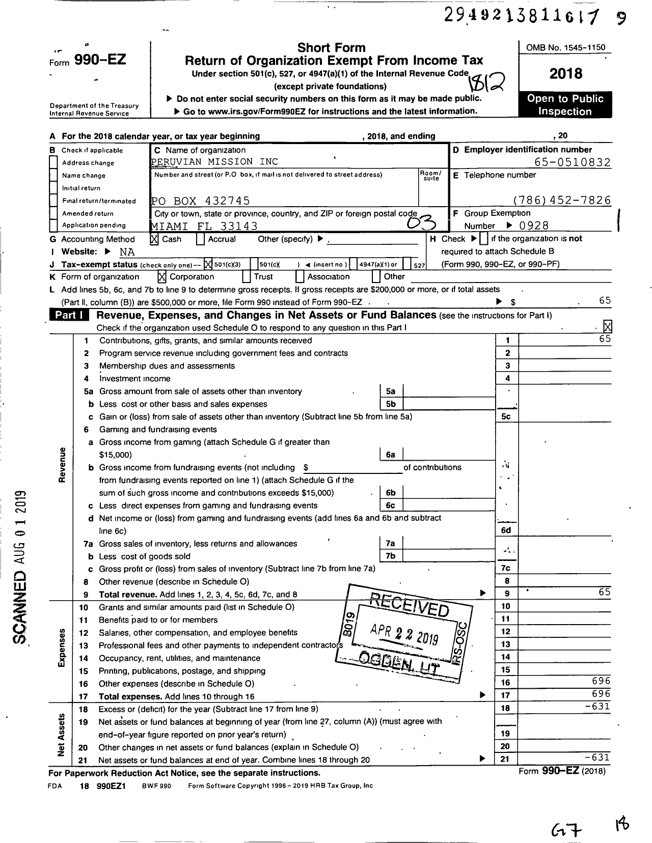 Image of first page of 2018 Form 990EZ for Peruvian Mission