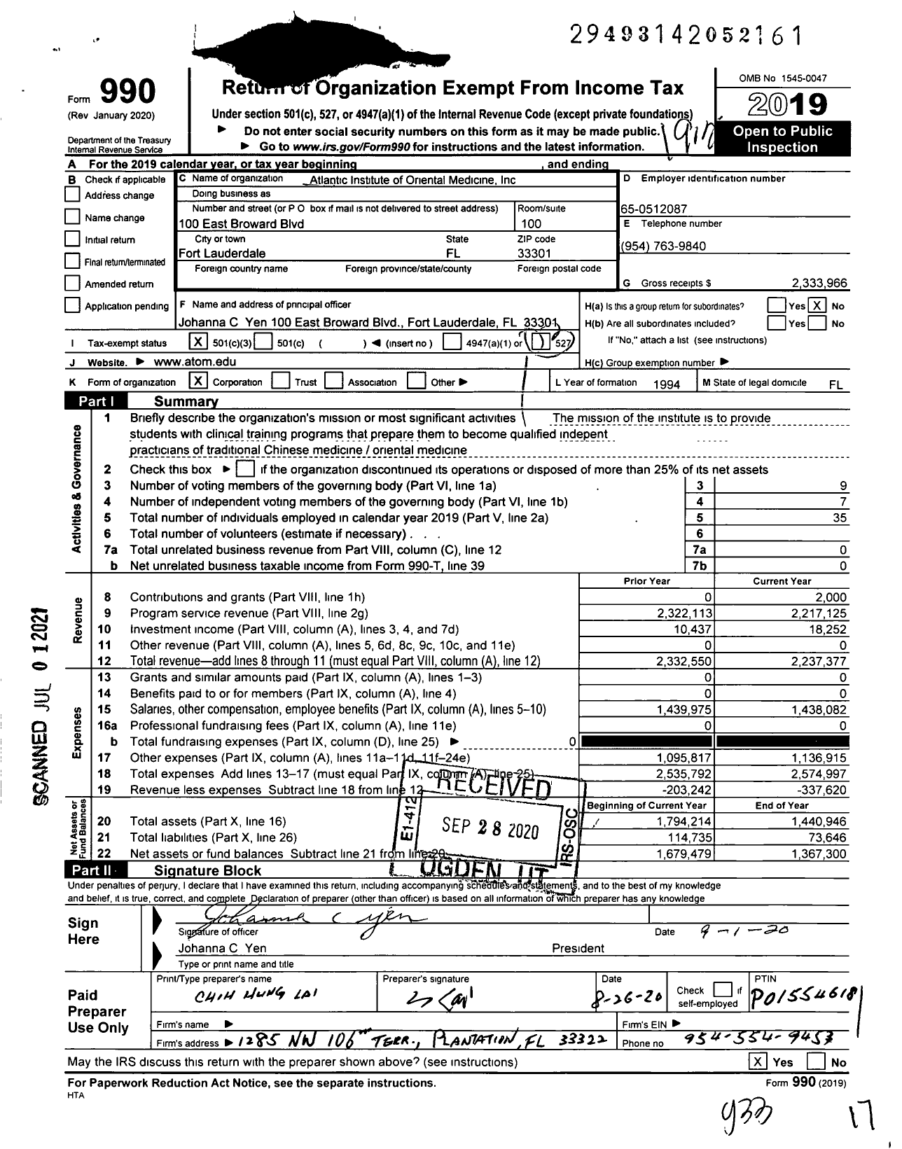 Image of first page of 2019 Form 990 for Atlantic Institute of Oriental Medicine (ATOM)