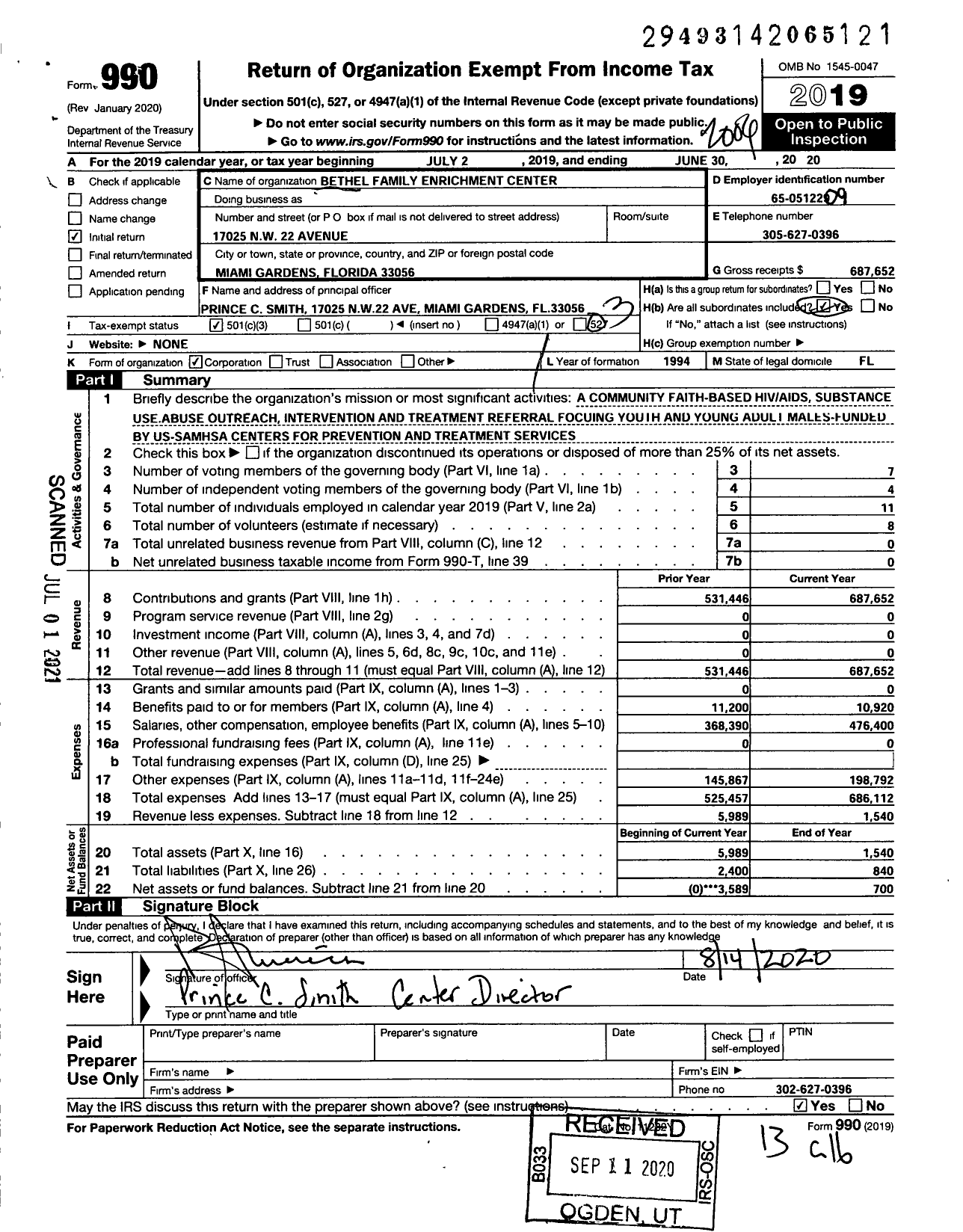 Image of first page of 2019 Form 990 for Bethel Family Enrichment Center