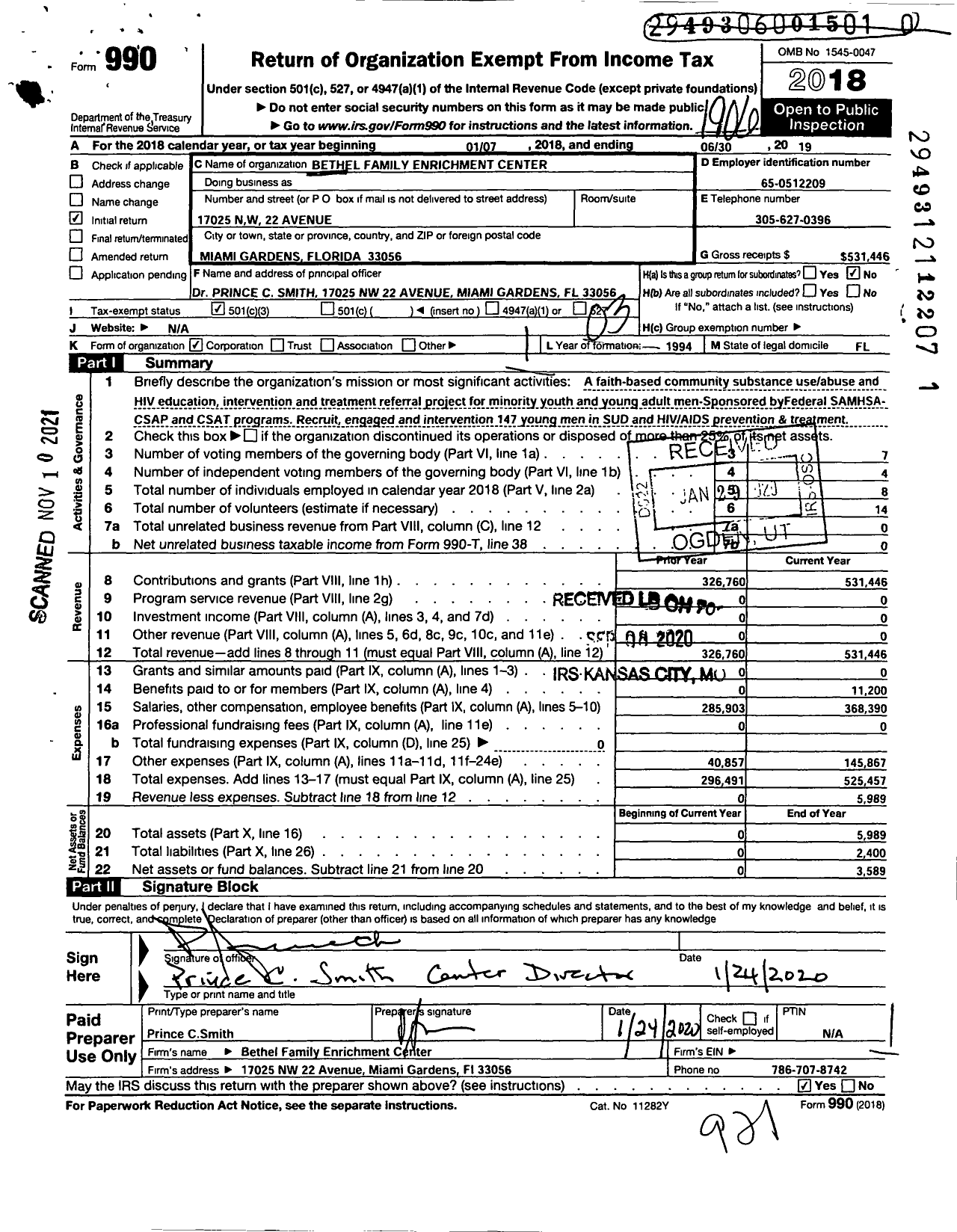 Image of first page of 2018 Form 990 for Bethel Family Enrichment Center