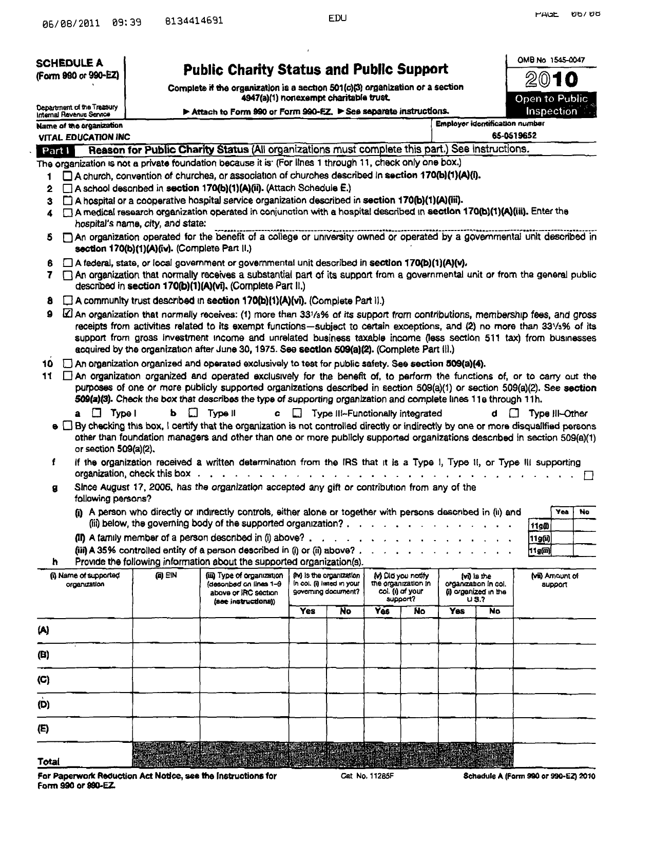 Image of first page of 2010 Form 990ER for Vital Education