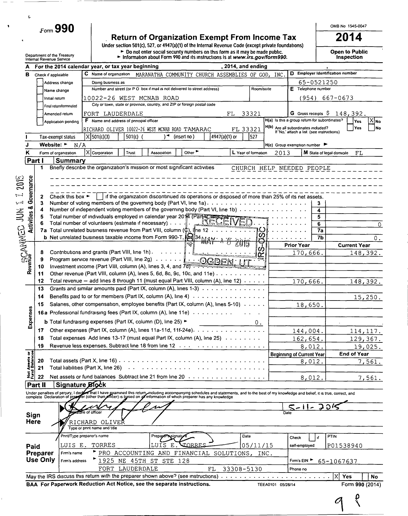 Image of first page of 2014 Form 990 for Maranatha Community Church