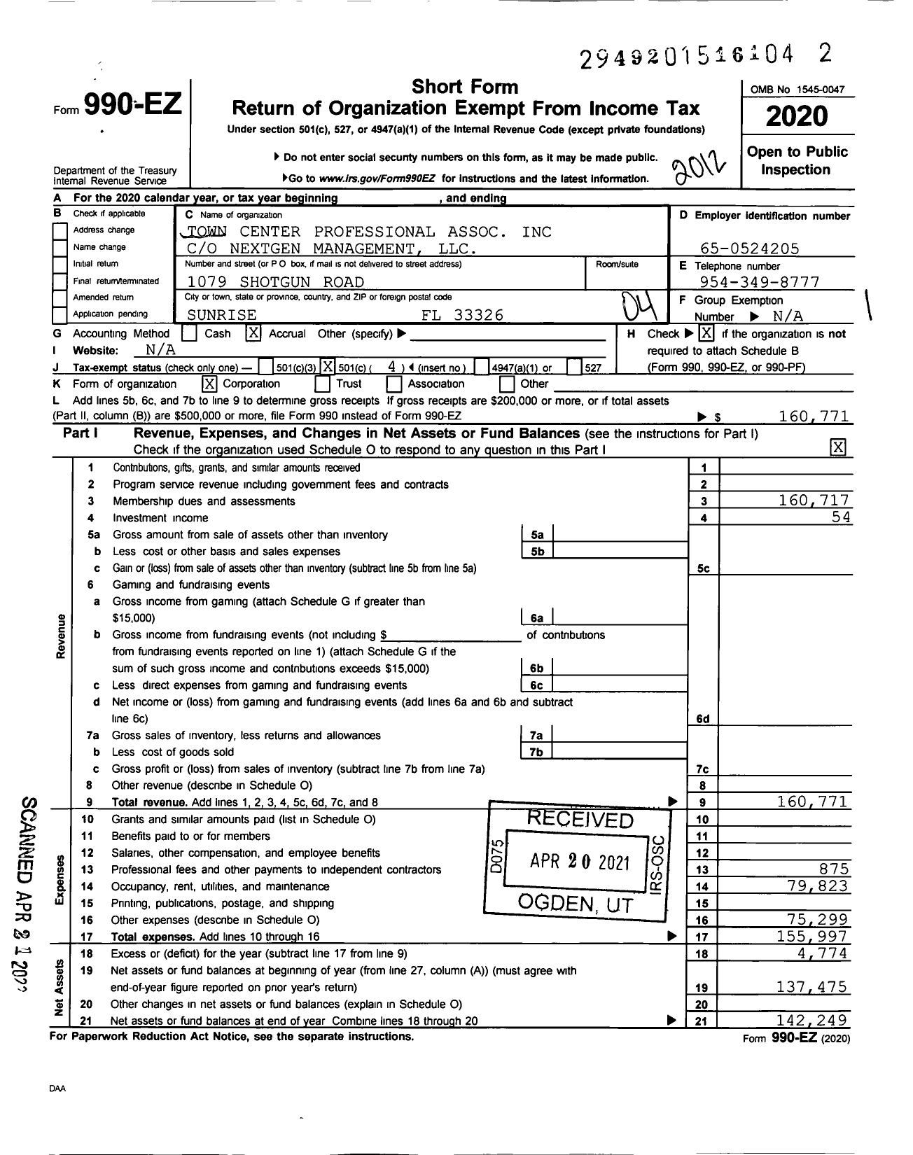 Image of first page of 2020 Form 990EO for Town Center Professional Association