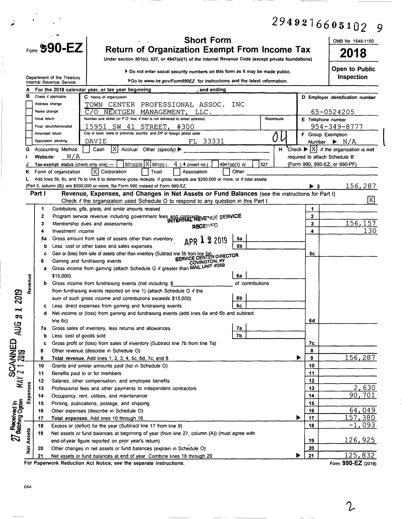 Image of first page of 2018 Form 990EO for Town Center Professional Association