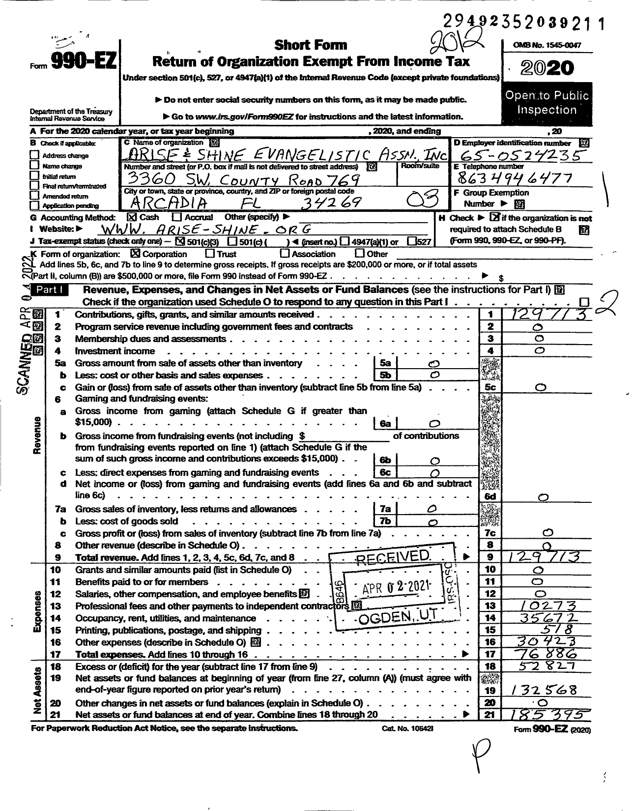 Image of first page of 2020 Form 990EZ for Arise and Shine Evangelistic Association