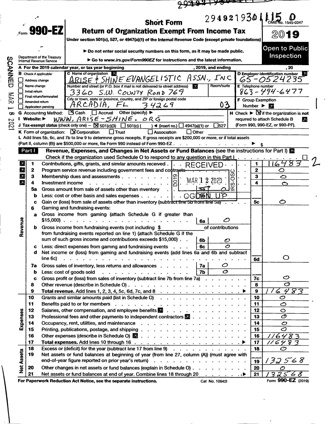 Image of first page of 2019 Form 990EZ for Arise and Shine Evangelistic Association