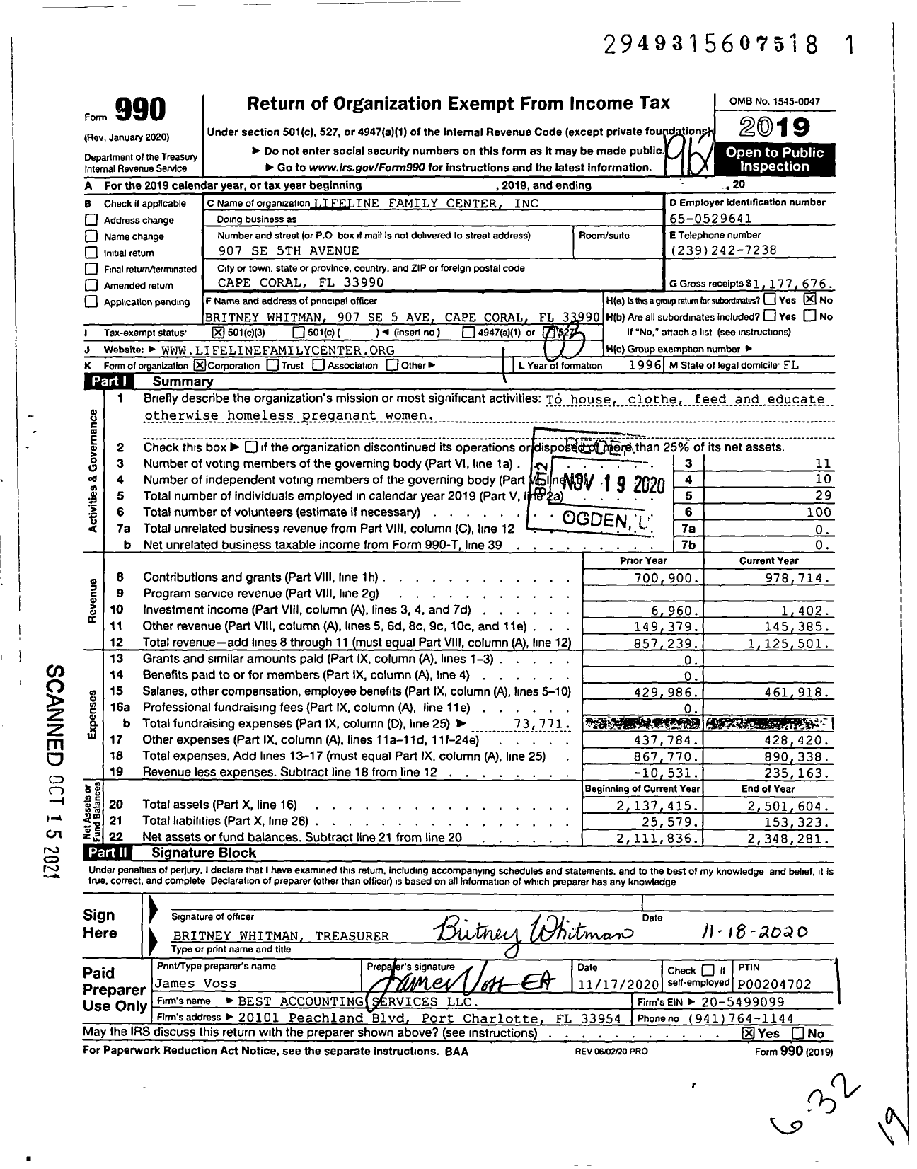 Image of first page of 2019 Form 990 for Lifeline Family Center