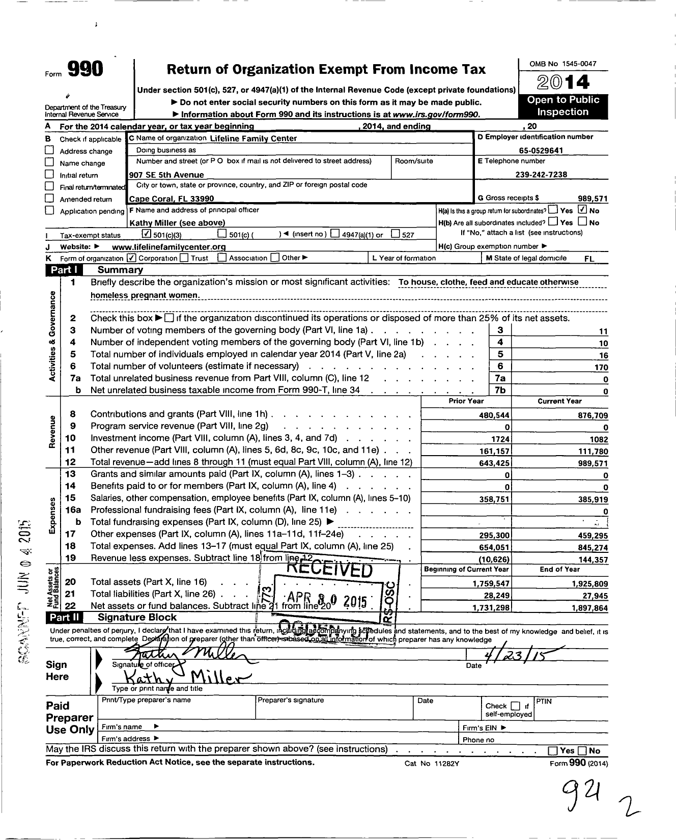Image of first page of 2014 Form 990 for Lifeline Family Center