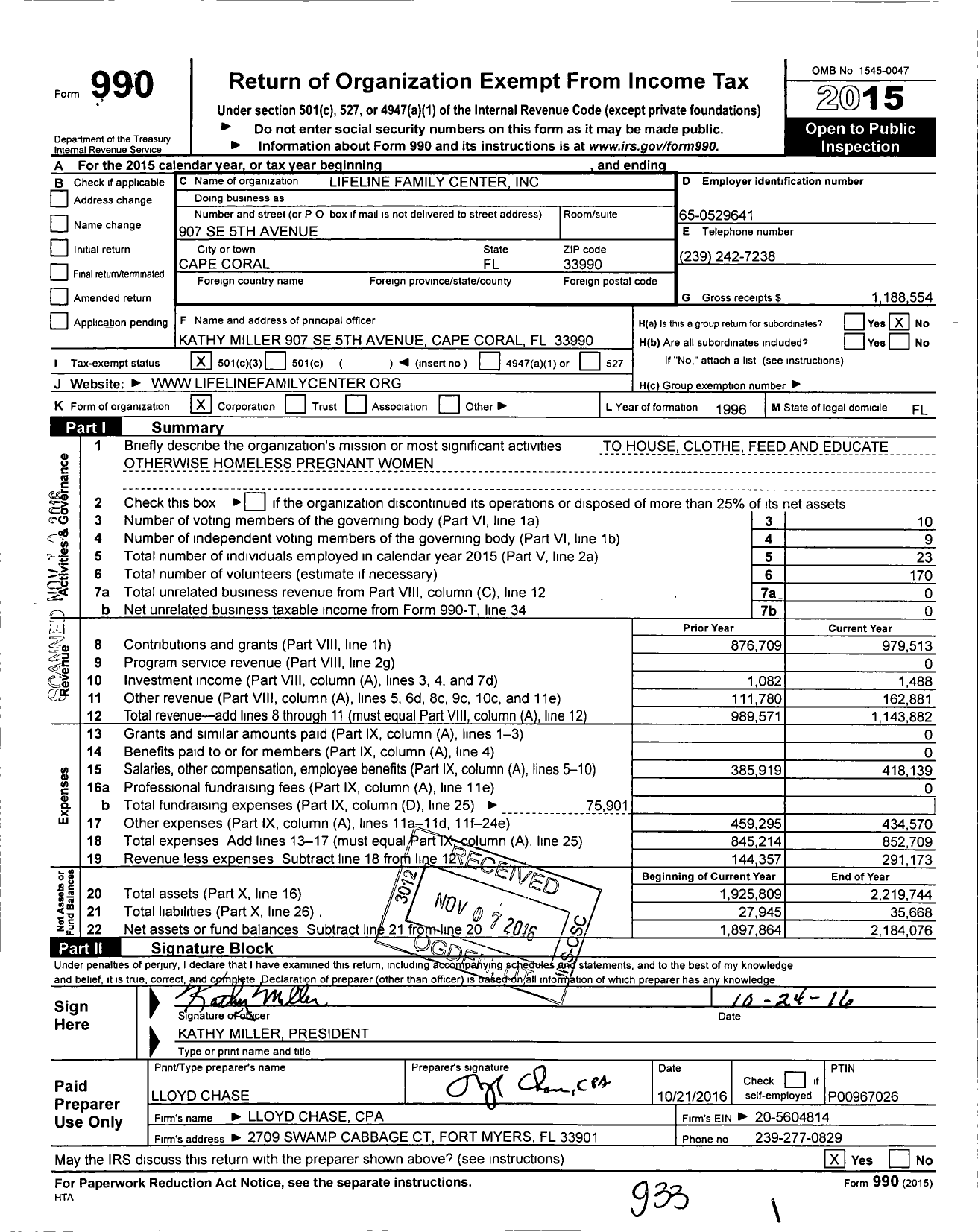 Image of first page of 2015 Form 990 for Lifeline Family Center