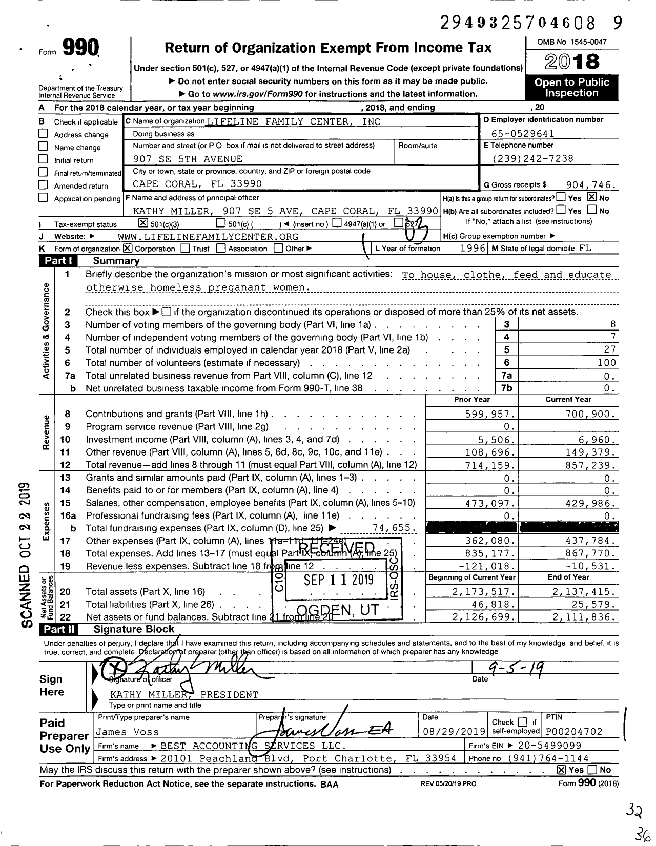 Image of first page of 2018 Form 990 for Lifeline Family Center