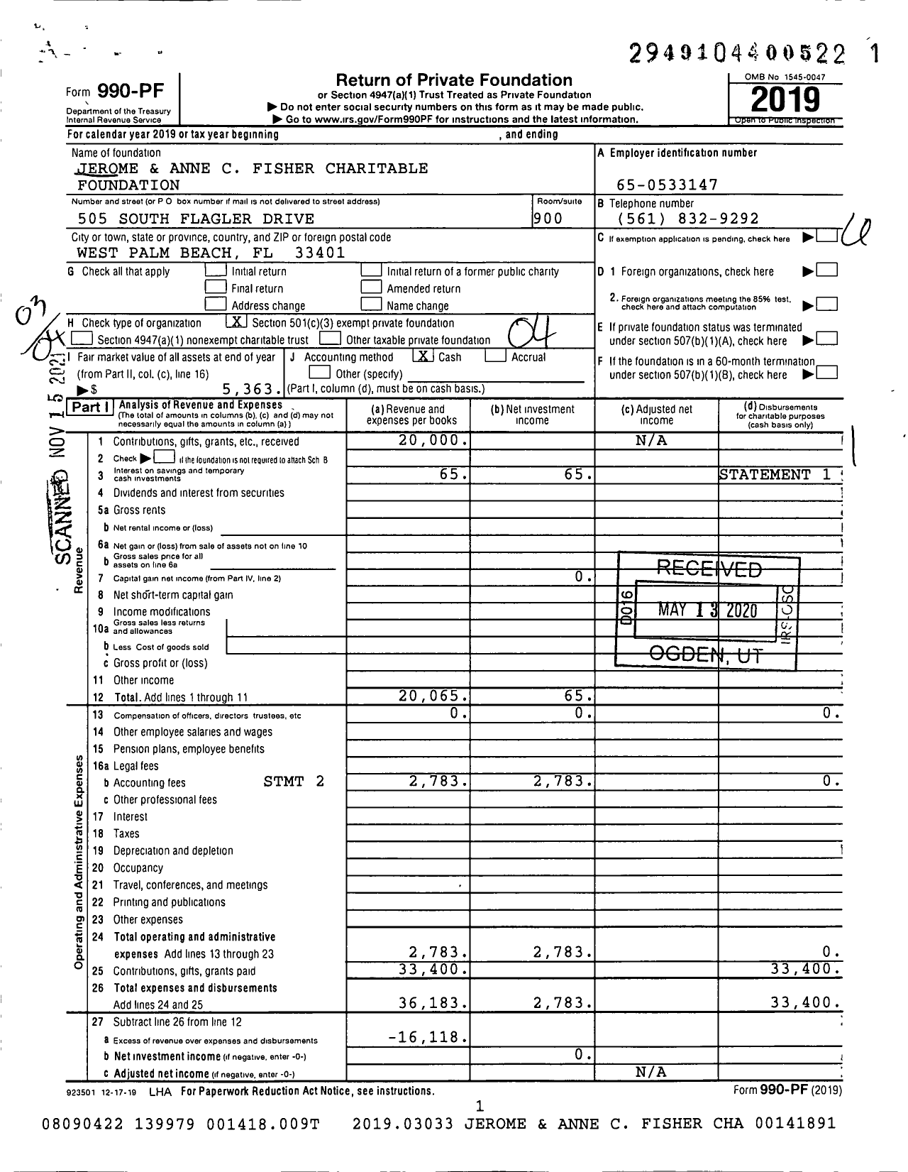 Image of first page of 2019 Form 990PF for Jerome and Anne C Fisher Charitable Foundation