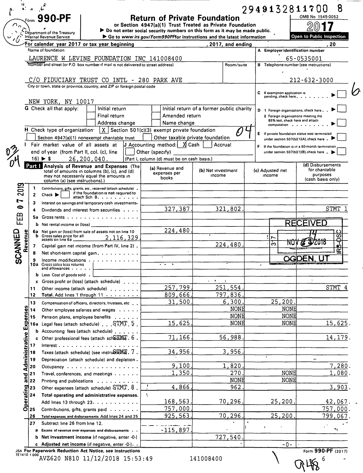 Image of first page of 2017 Form 990PF for Laurence W Levine Foundation