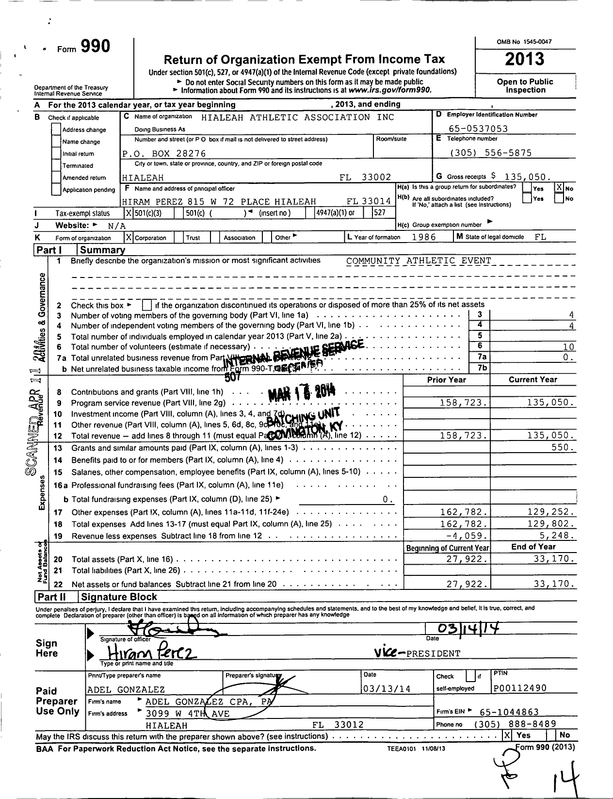 Image of first page of 2013 Form 990 for Hialeah Athletic Association