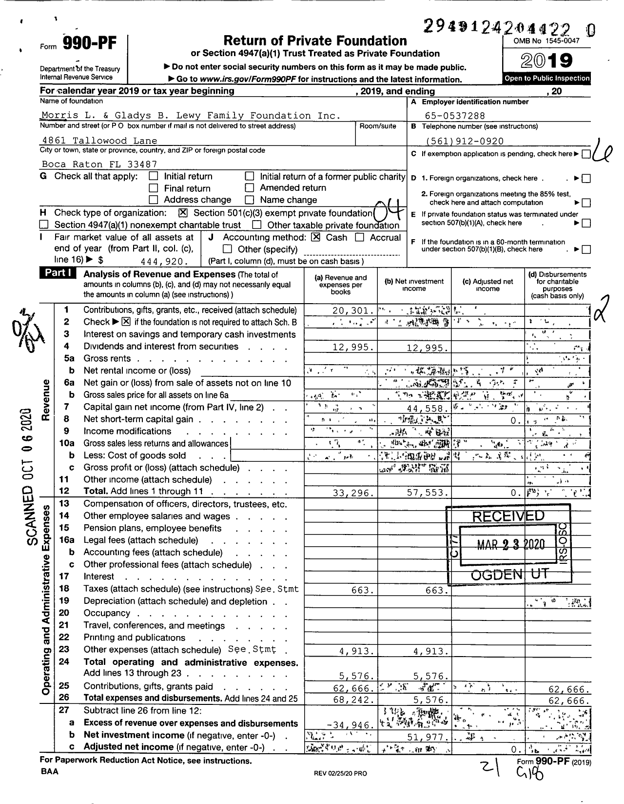 Image of first page of 2019 Form 990PR for Morris L& Gladys B Lewy Family Foundation