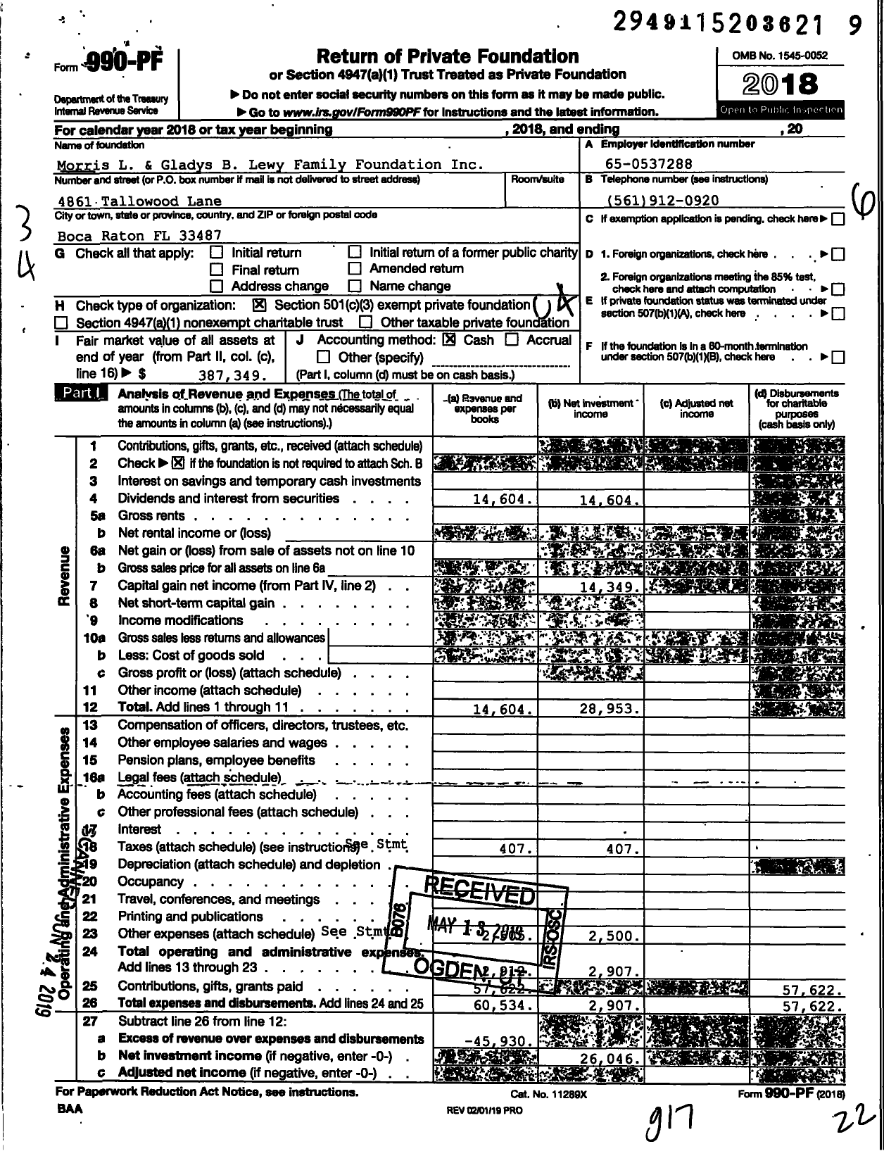 Image of first page of 2018 Form 990PF for Morris L& Gladys B Lewy Family Foundation