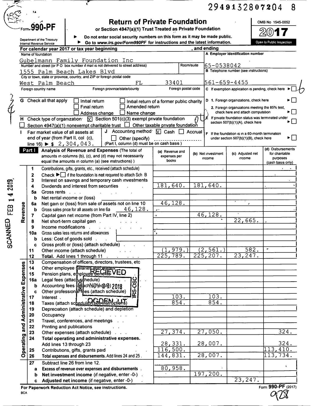 Image of first page of 2017 Form 990PF for Gubelmann Family Foundation