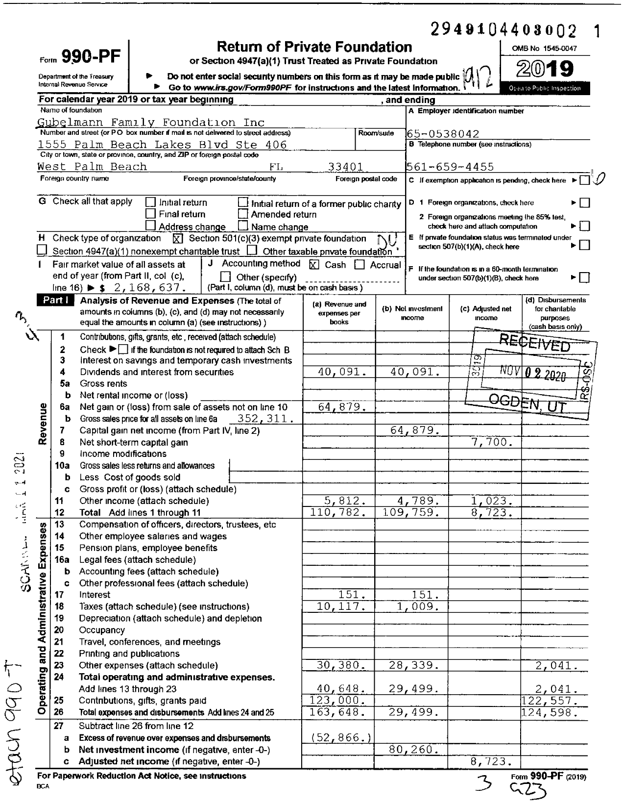 Image of first page of 2019 Form 990PF for Gubelmann Family Foundation