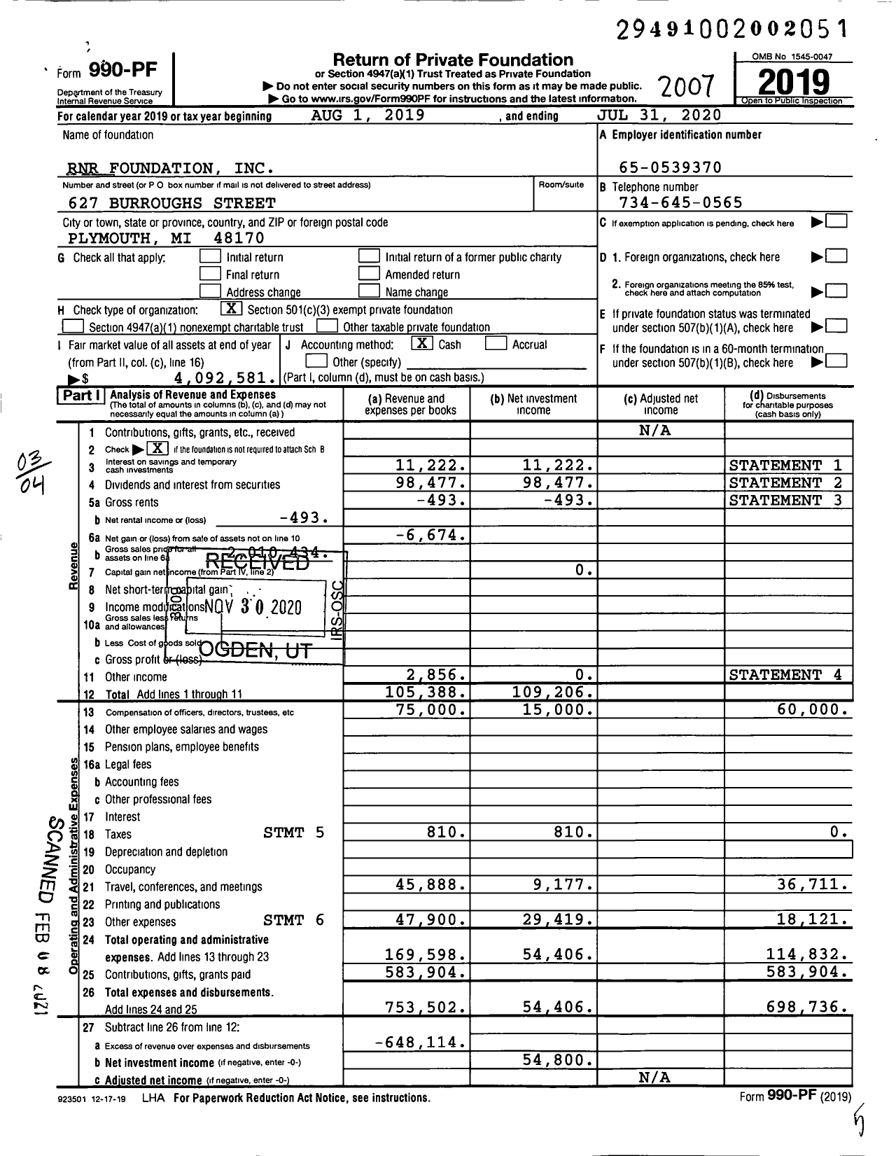 Image of first page of 2019 Form 990PF for RNR Family Foundation