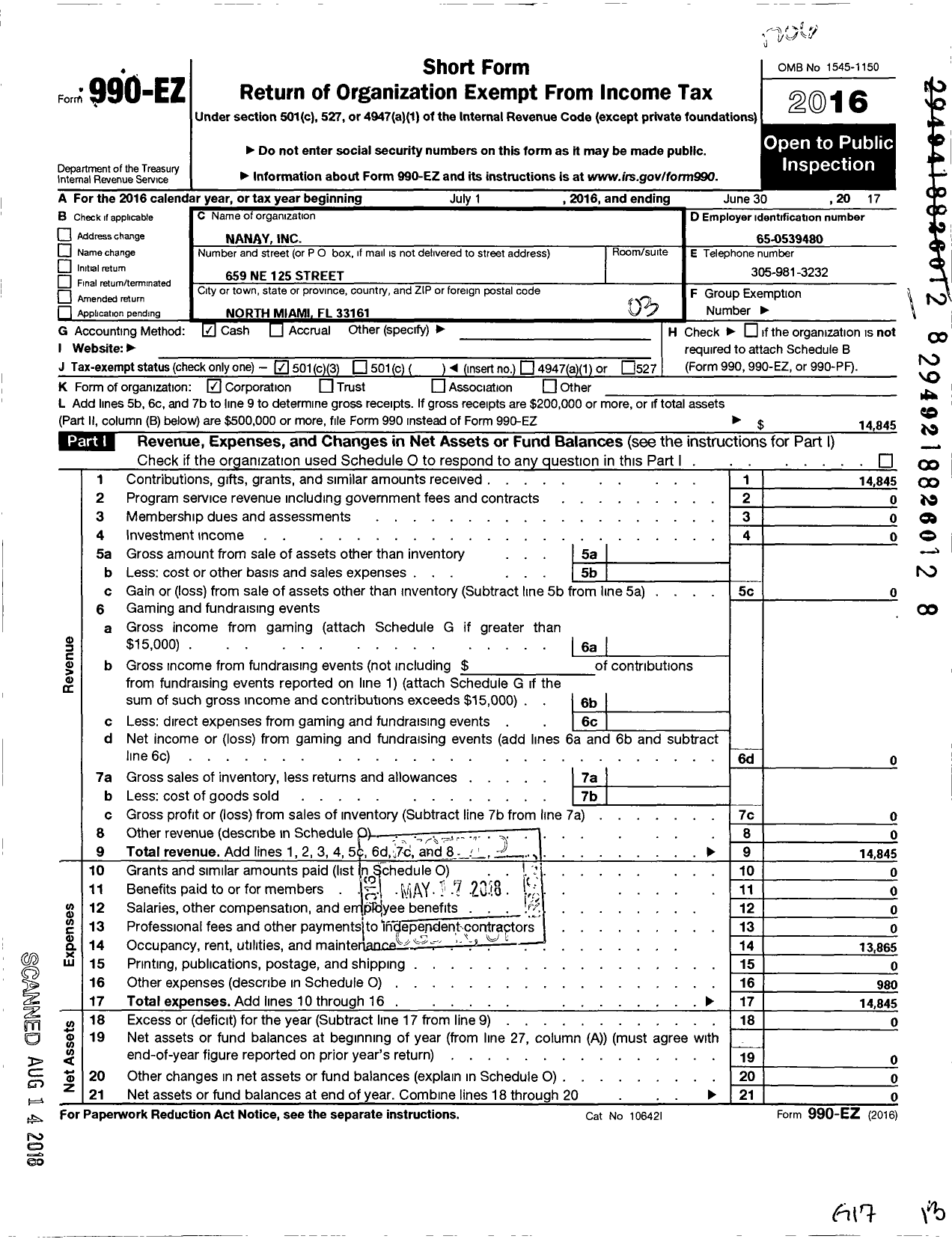 Image of first page of 2016 Form 990EZ for Nanay