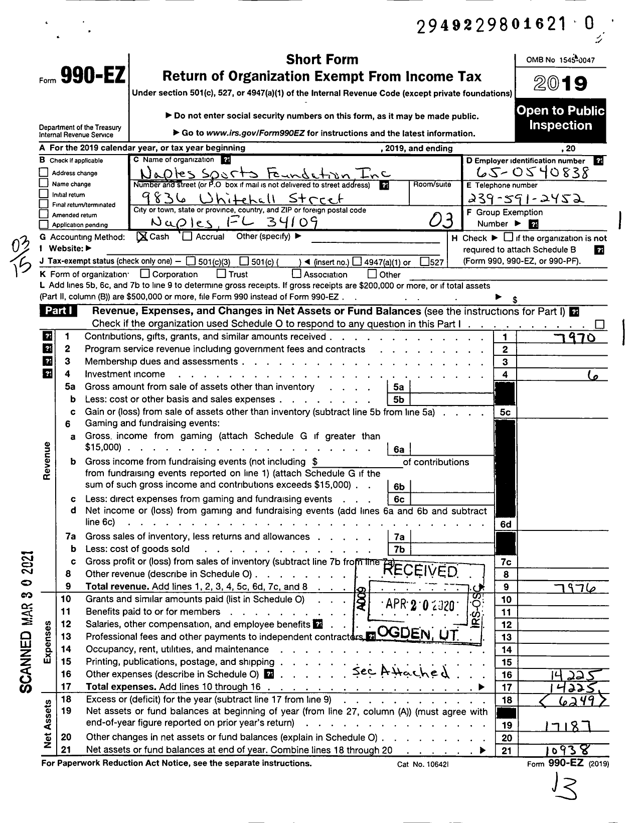 Image of first page of 2019 Form 990EZ for Naples Sports Foundation