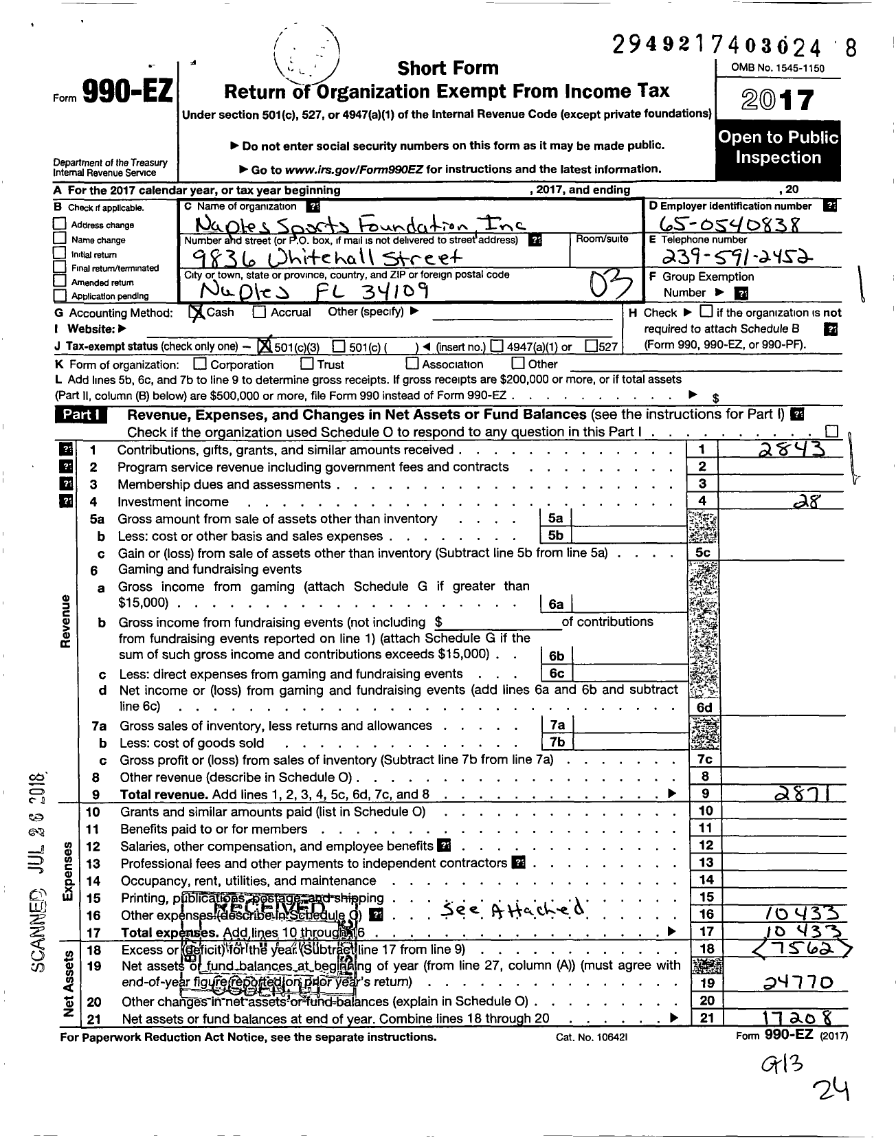 Image of first page of 2017 Form 990EZ for Naples Sports Foundation