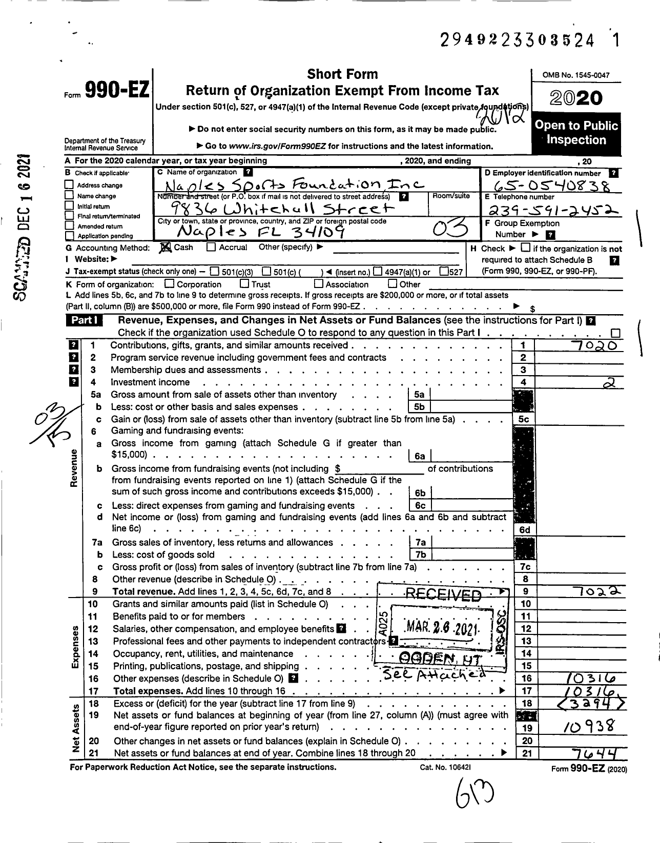 Image of first page of 2020 Form 990EZ for Naples Sports Foundation