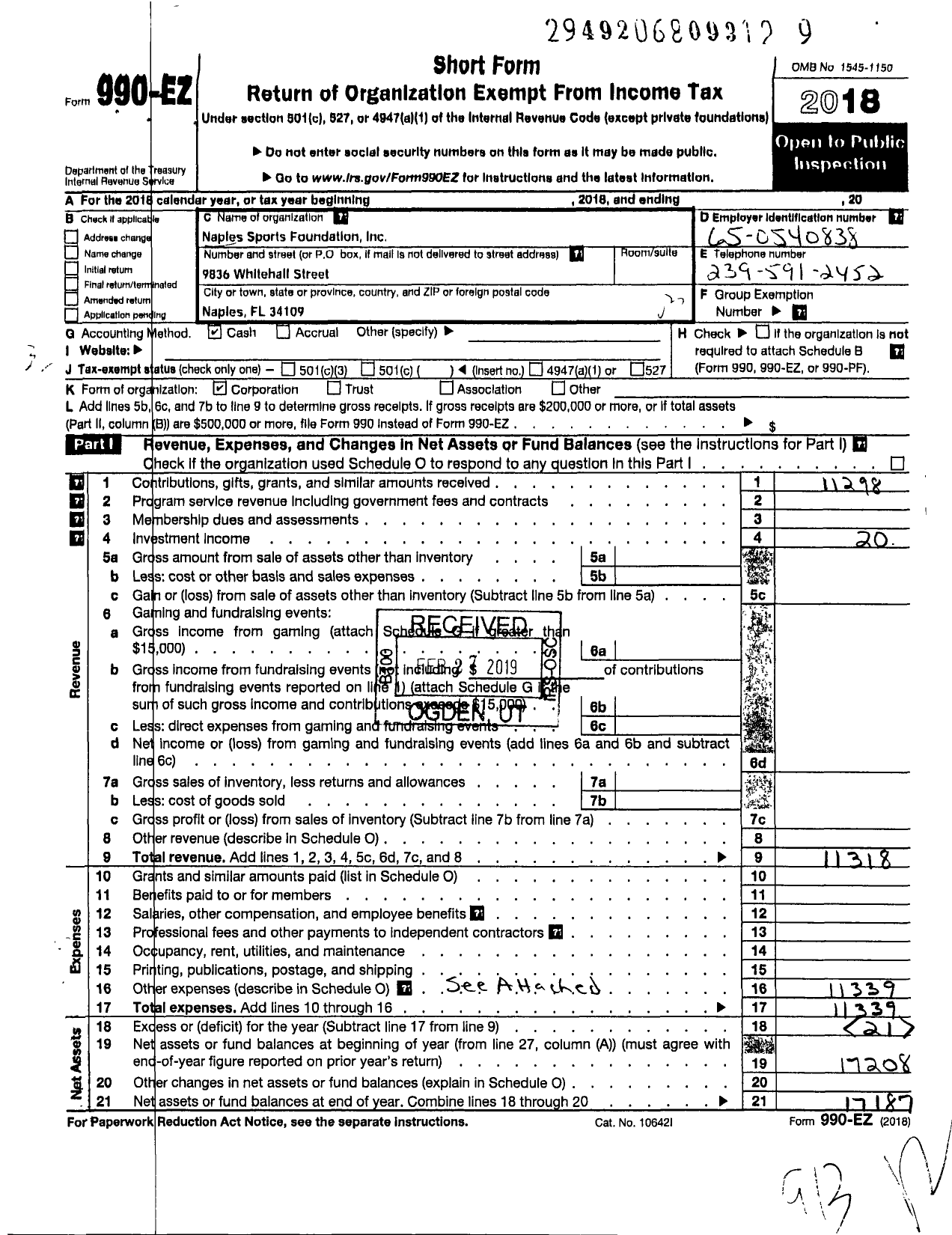 Image of first page of 2018 Form 990EZ for Naples Sports Foundation