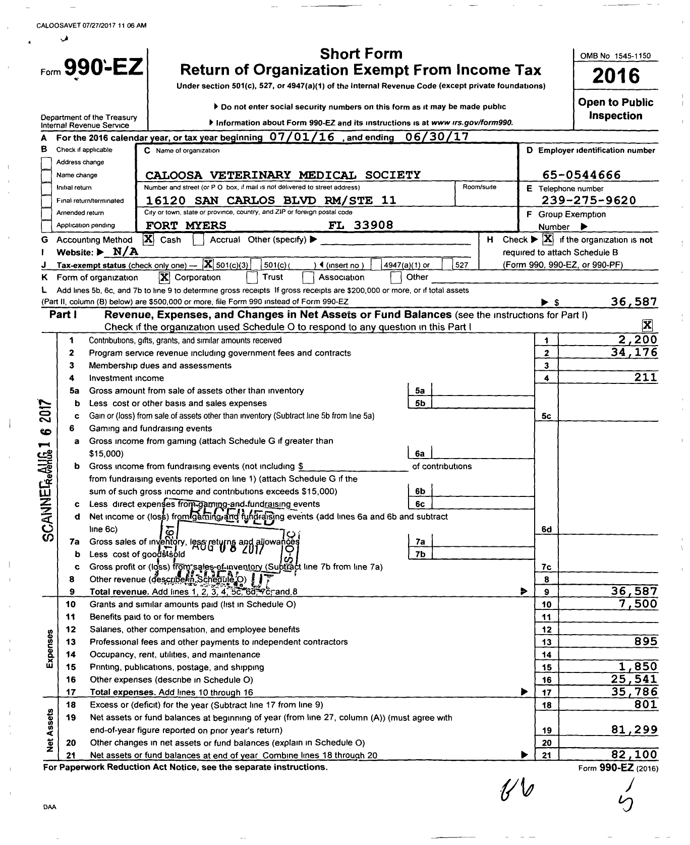 Image of first page of 2016 Form 990EZ for Caloosa Veterinary Medical Society