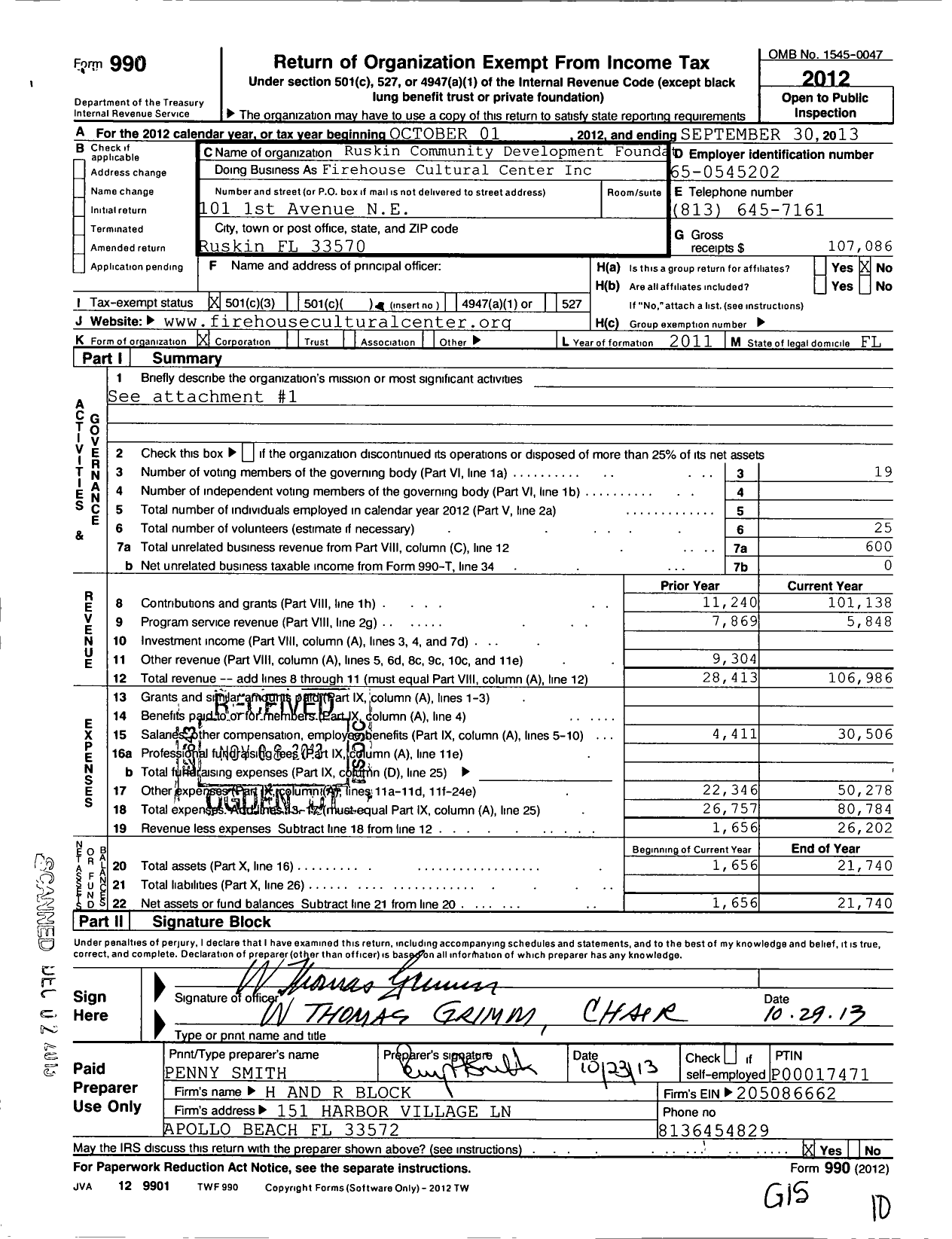 Image of first page of 2012 Form 990 for Ruskin Community Development Foundation
