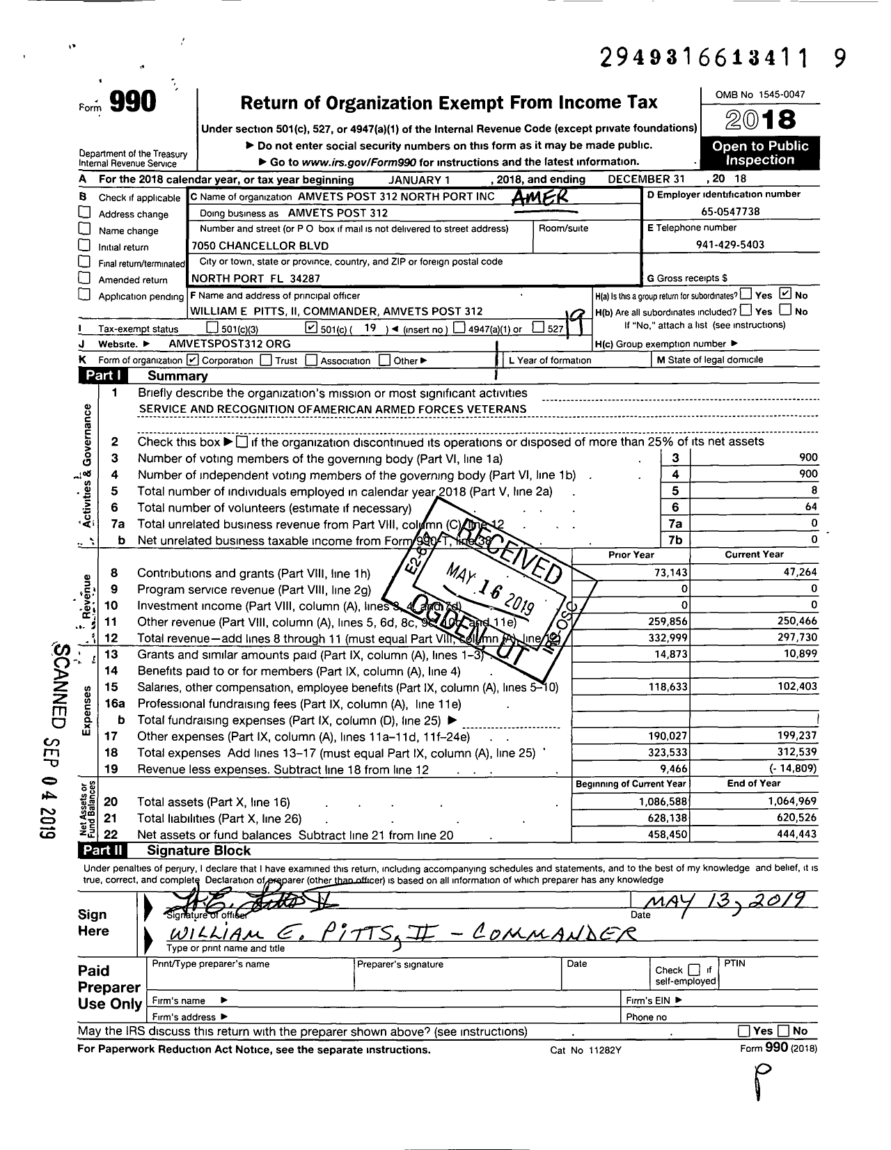 Image of first page of 2018 Form 990O for Amvets - FL-0312