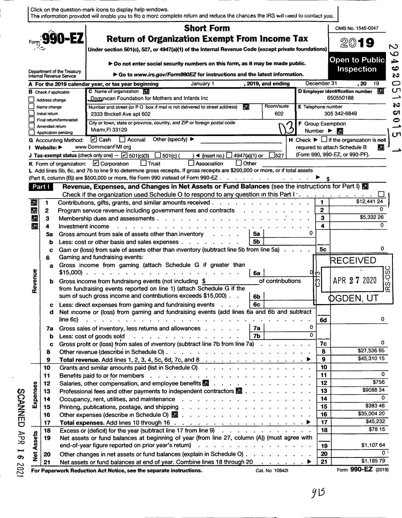 Image of first page of 2019 Form 990EZ for Dominican Foundation for Mothers and Infants