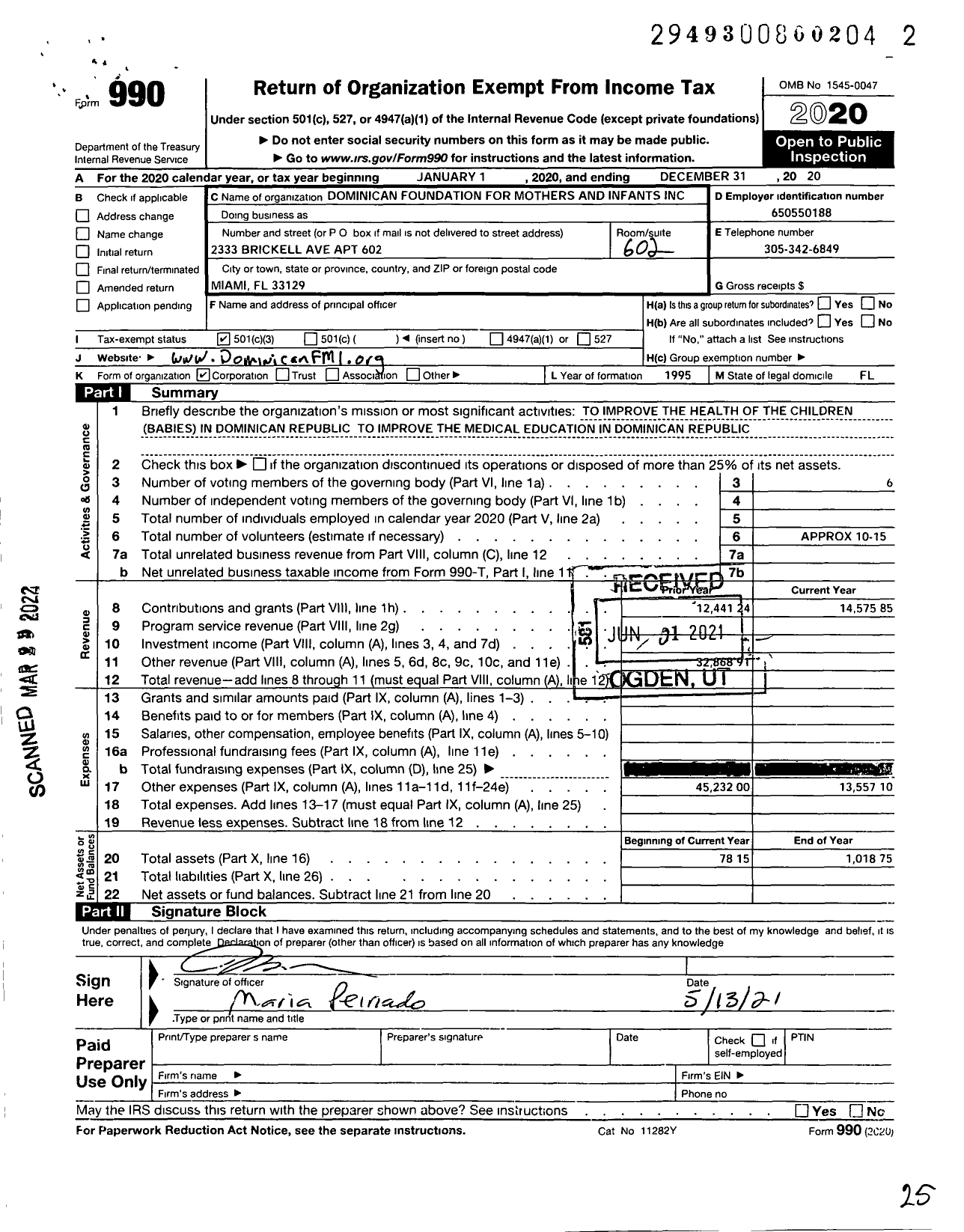 Image of first page of 2020 Form 990 for Dominican Foundation for Mothers and Infants