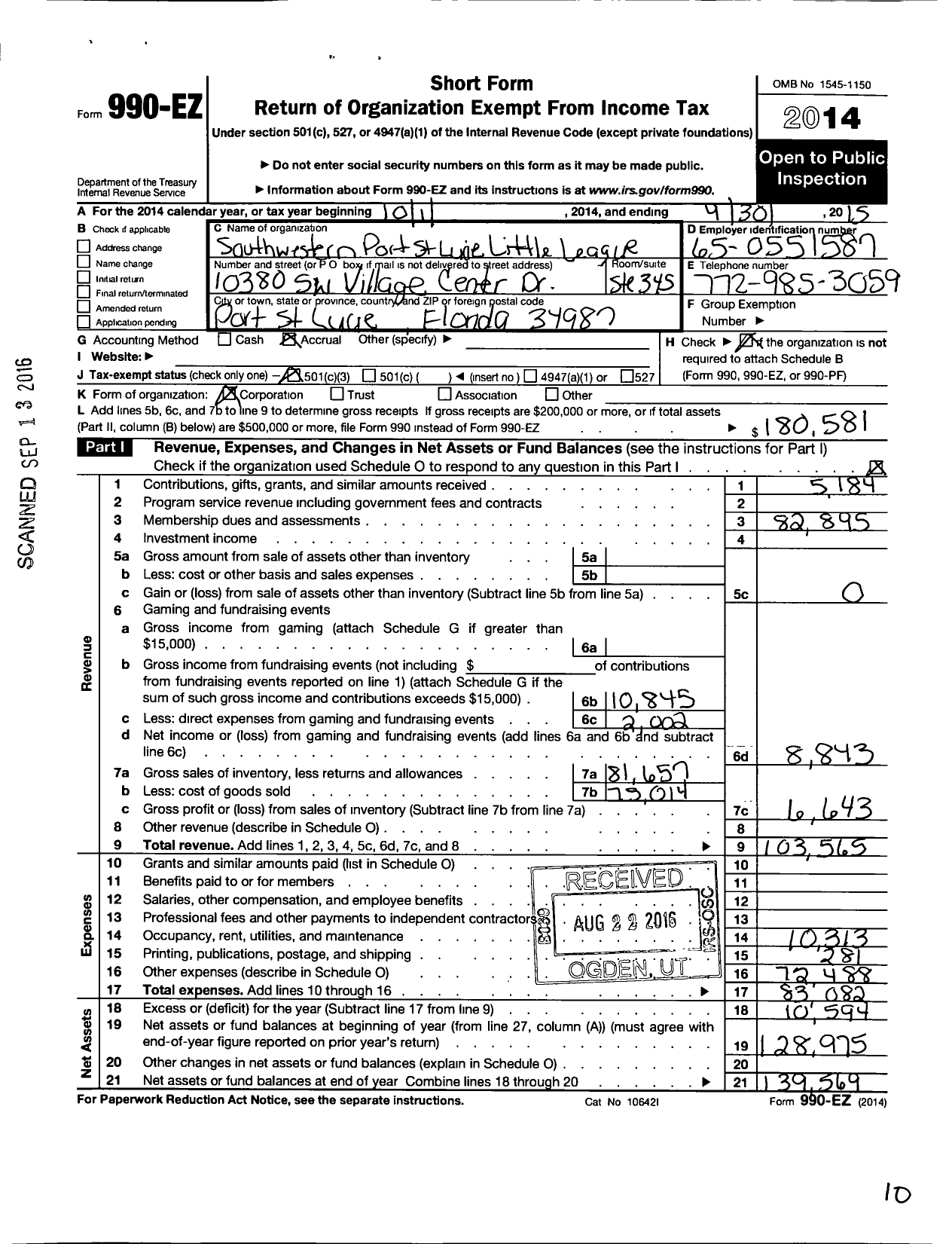 Image of first page of 2014 Form 990EZ for Southwestern Port St Lucie Little League