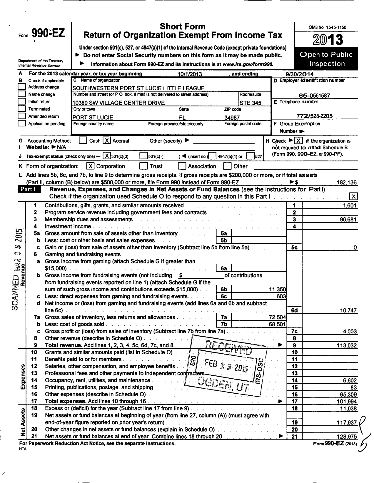 Image of first page of 2013 Form 990EZ for Southwestern Port St Lucie Little League