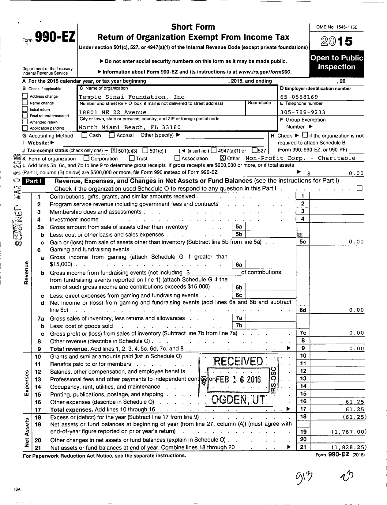 Image of first page of 2015 Form 990EZ for Temple Sinai Foundation