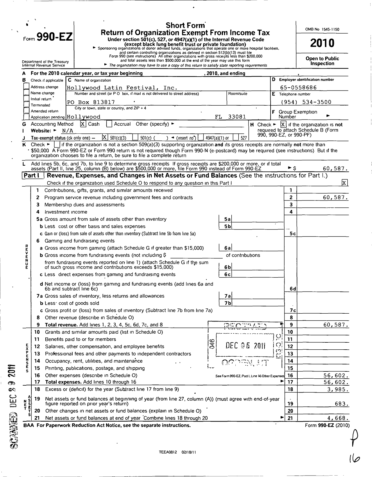 Image of first page of 2010 Form 990EZ for Hollywood Latin Festival