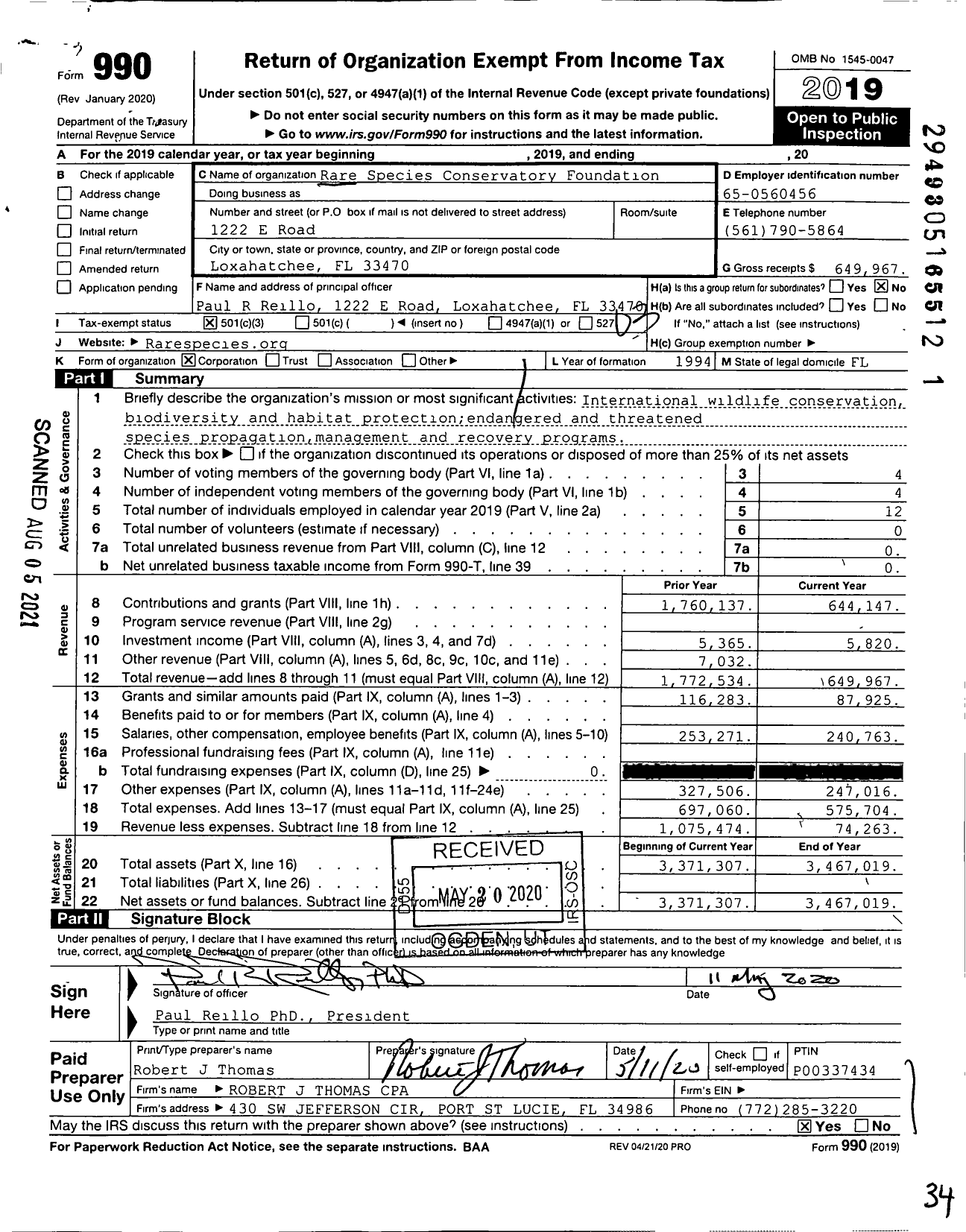 Image of first page of 2019 Form 990 for Rare Species Conservatory Foundation