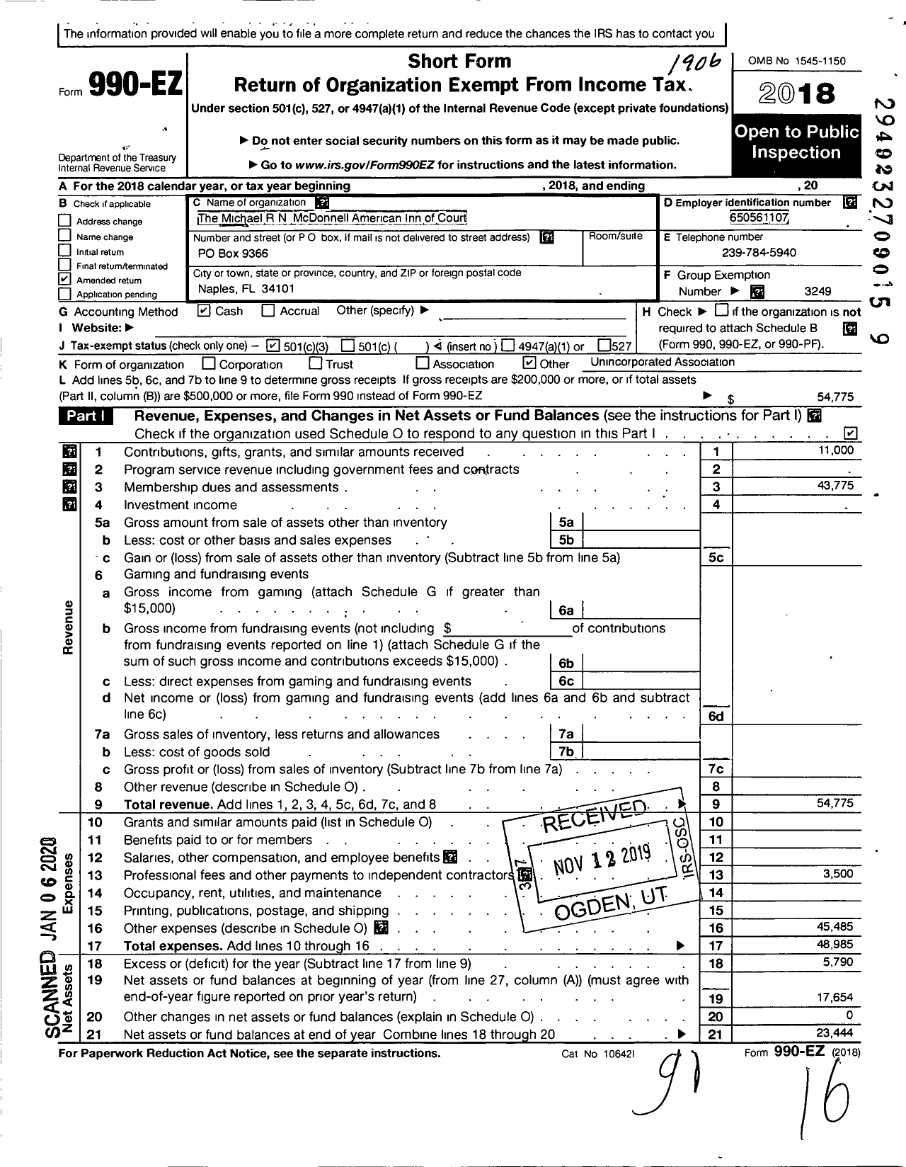 Image of first page of 2018 Form 990EZ for American Inns of Court Foundation - 30245 Michael R N Mcdonnell Chapter