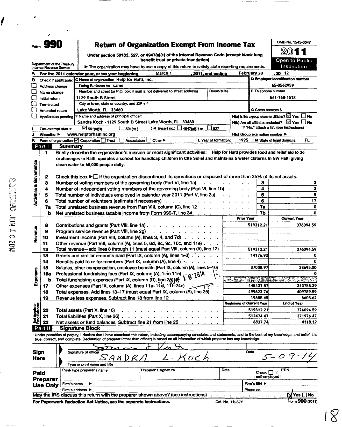 Image of first page of 2011 Form 990 for Help for Haiti