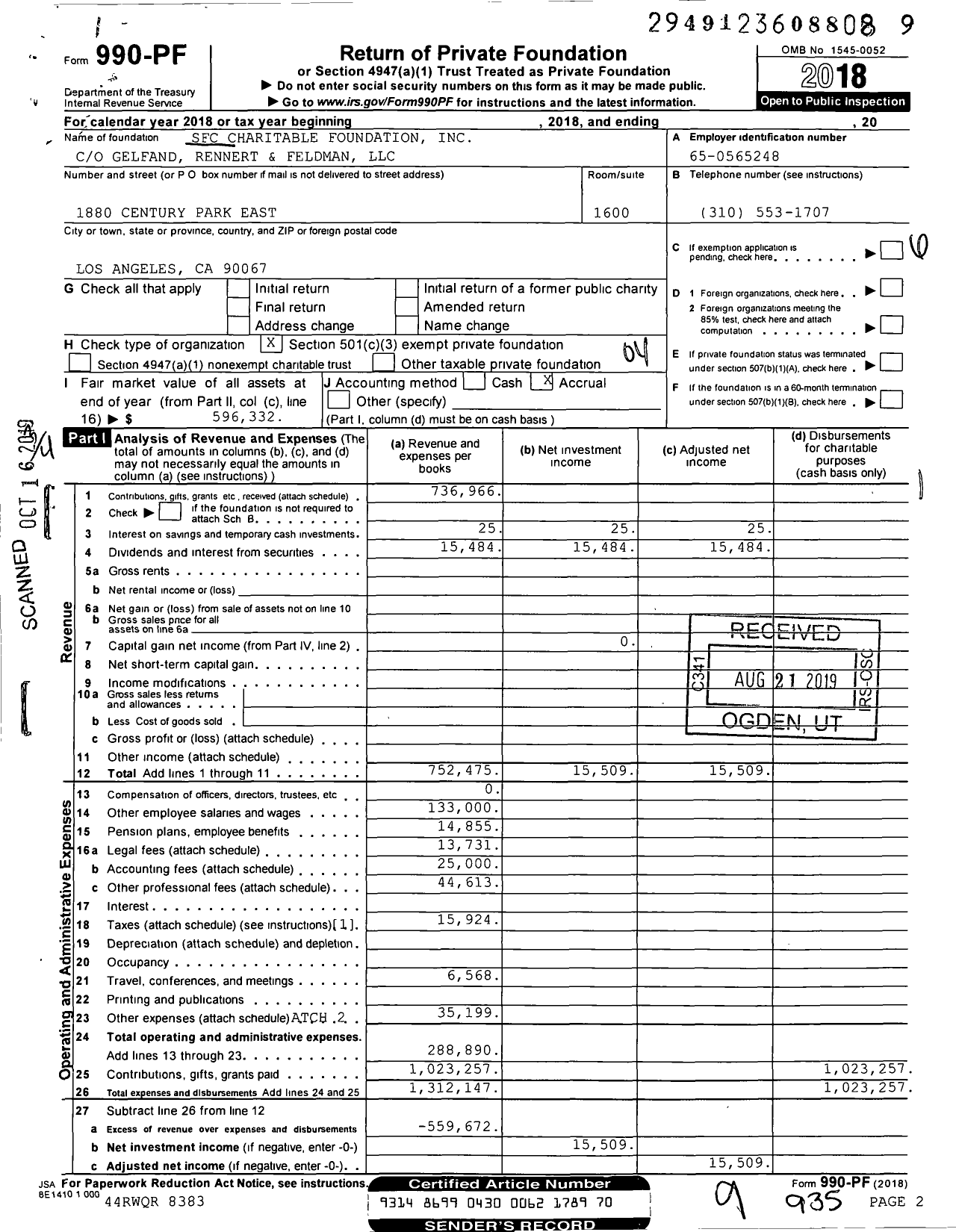 Image of first page of 2018 Form 990PF for SFC Charitable Foundation