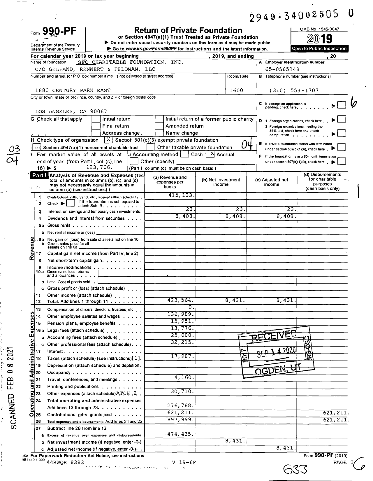 Image of first page of 2019 Form 990PF for SFC Charitable Foundation