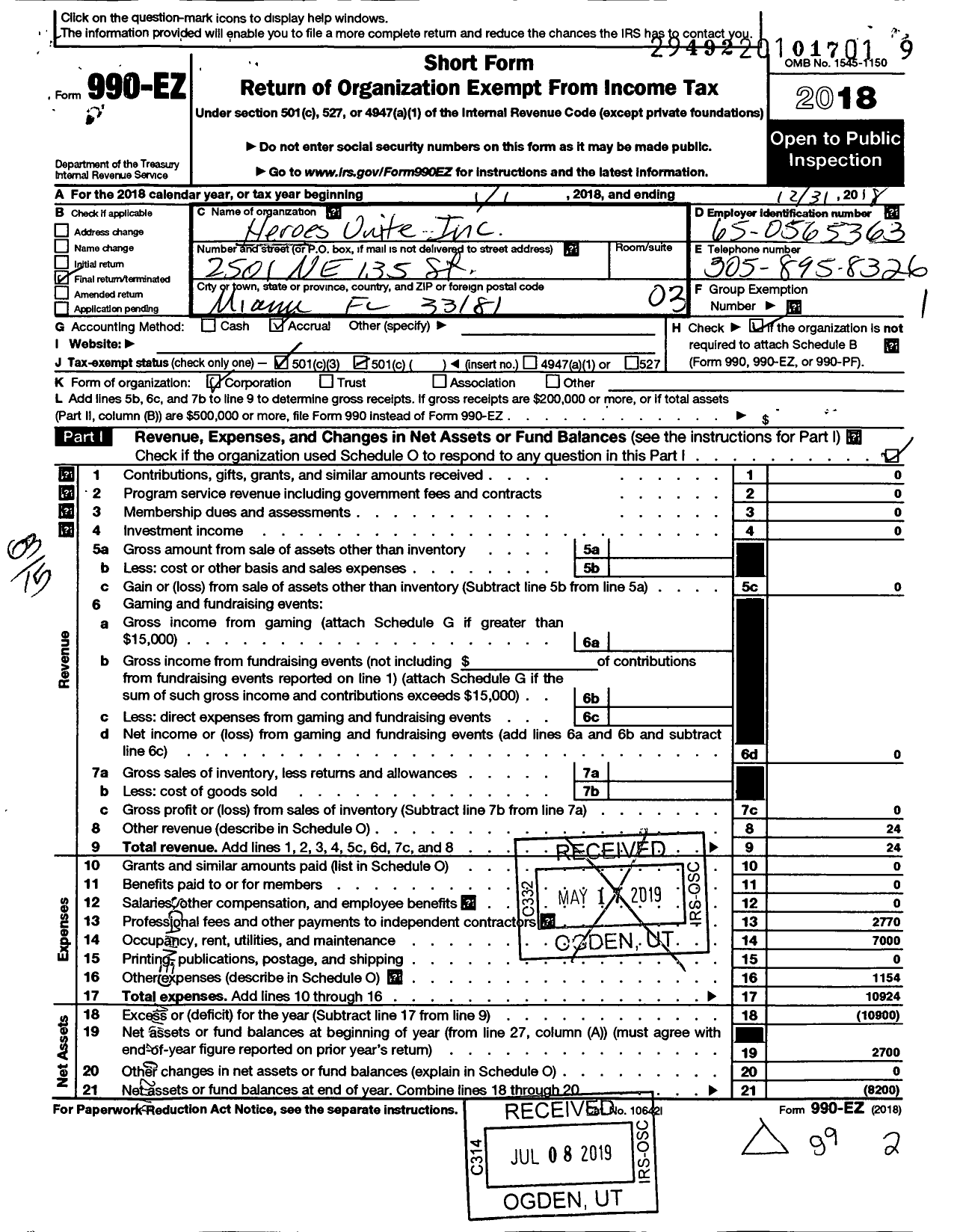 Image of first page of 2018 Form 990EZ for Heroes Unite