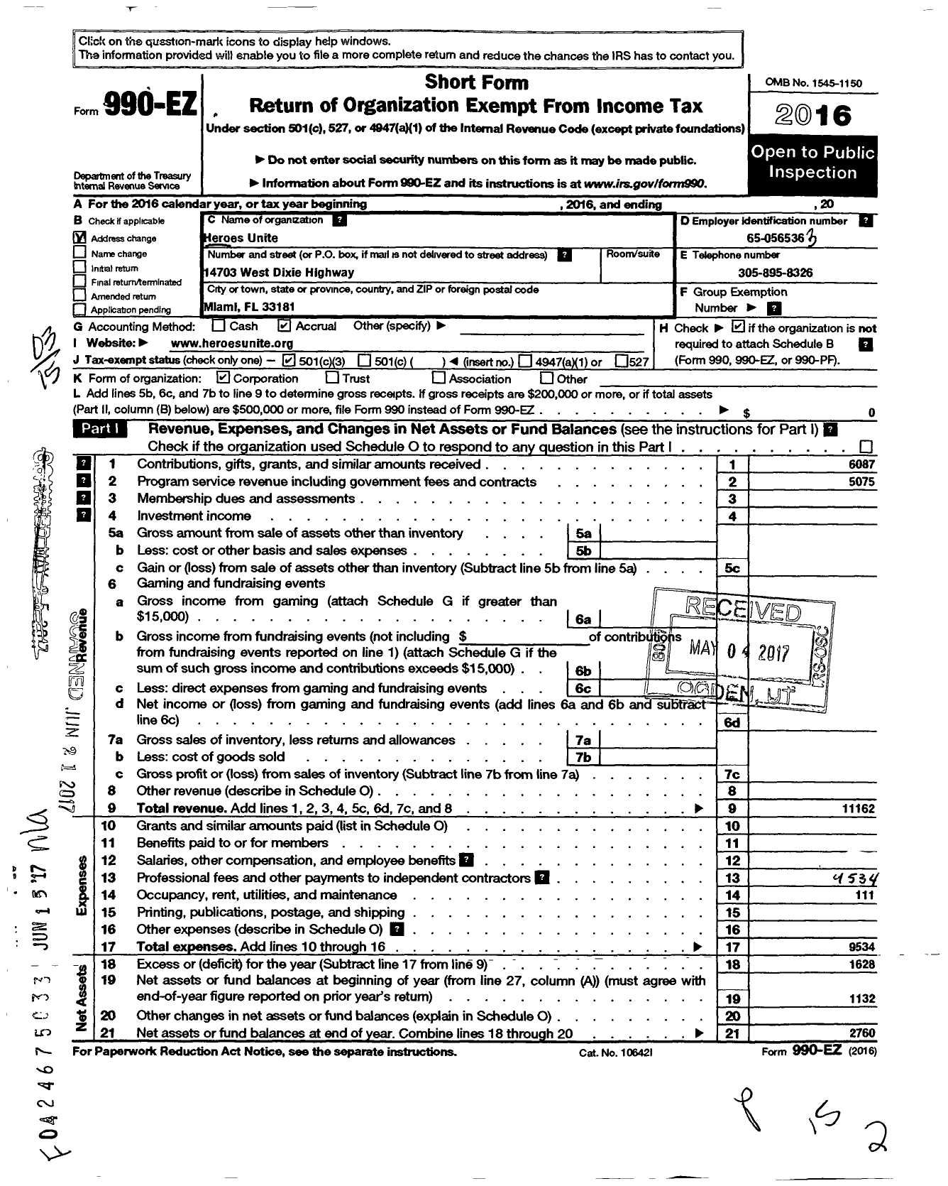 Image of first page of 2016 Form 990EZ for Heroes Unite