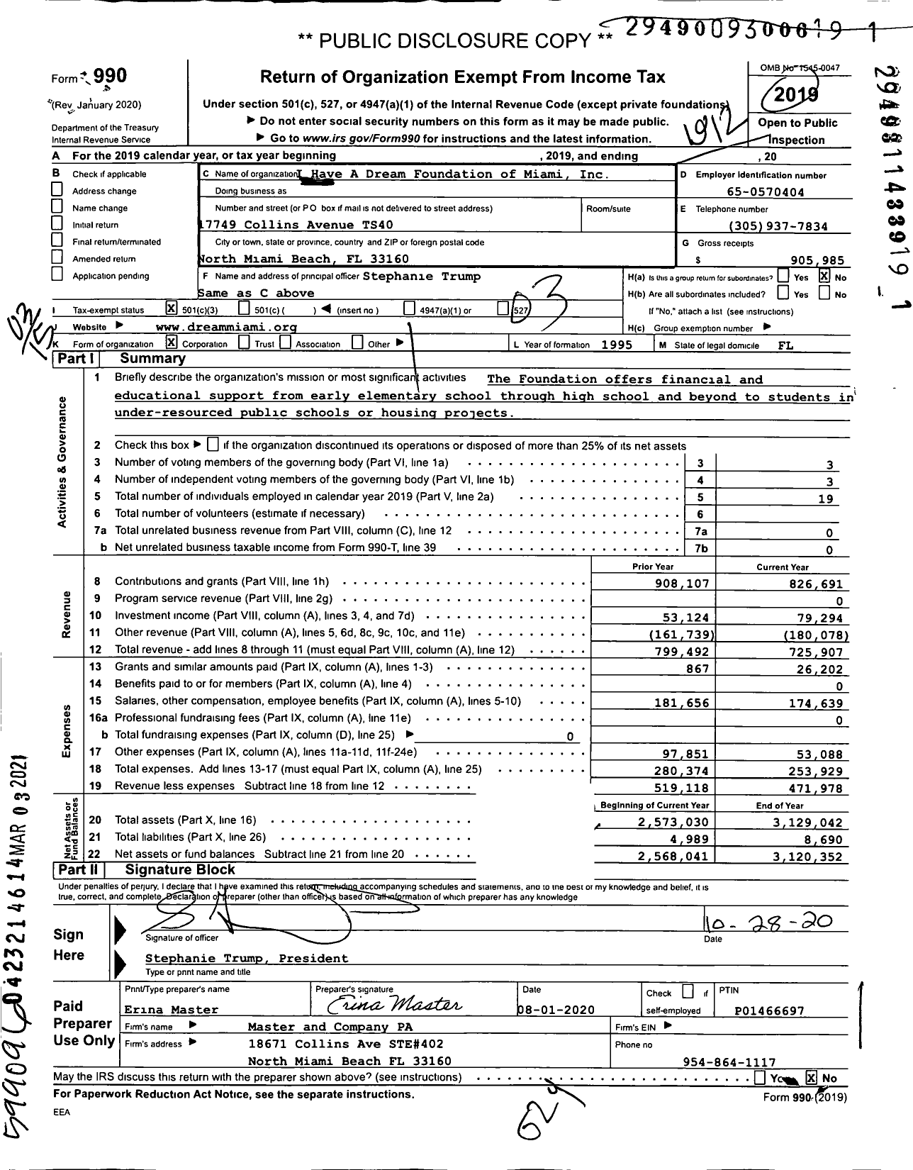 Image of first page of 2019 Form 990 for I Have A Dream Foundation of Miami