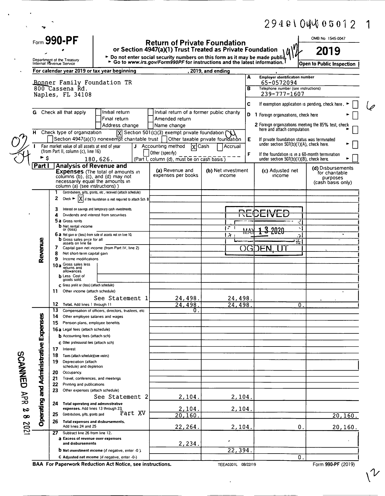 Image of first page of 2019 Form 990PF for Bonner Family Foundation Trust