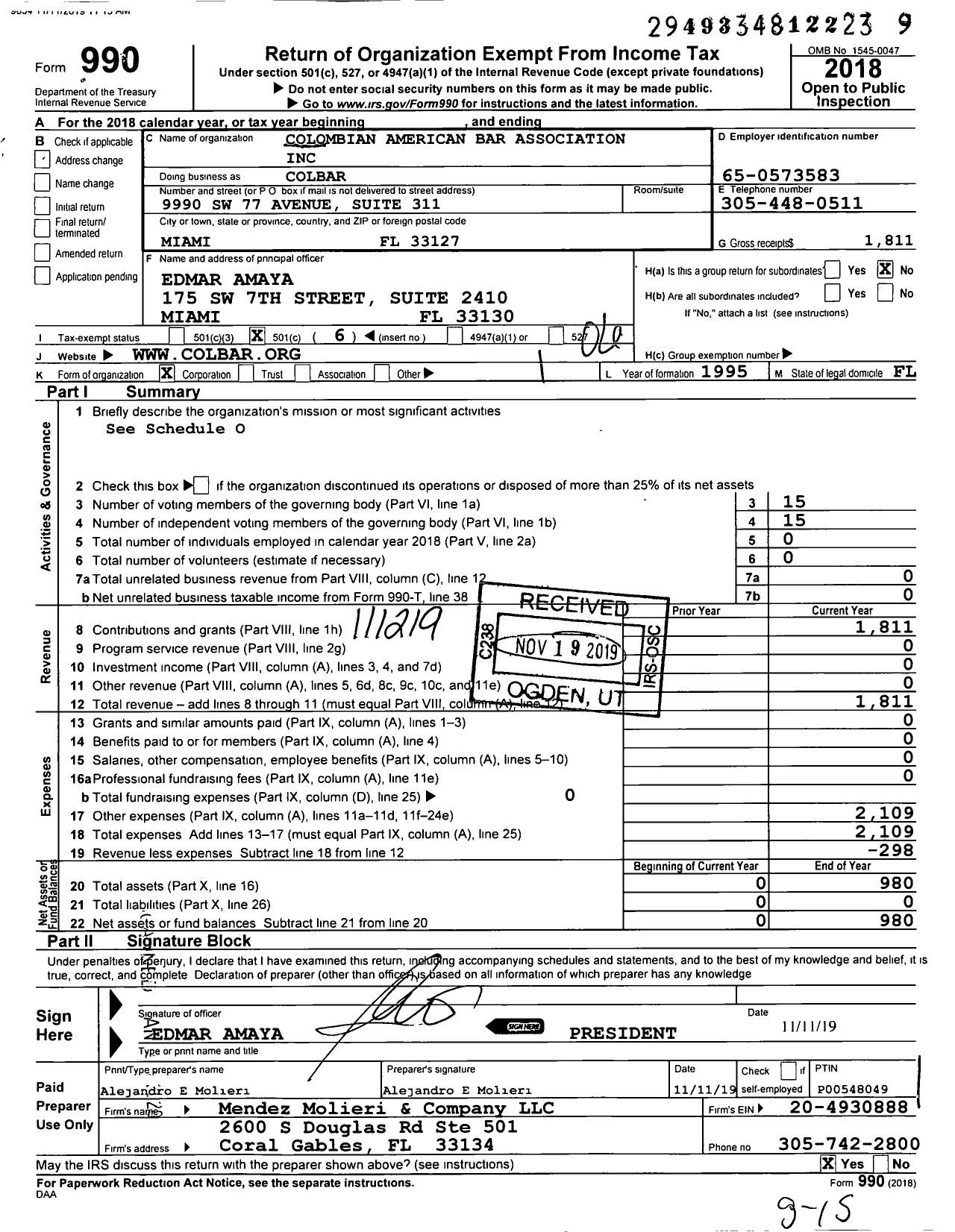 Image of first page of 2018 Form 990O for Colbar